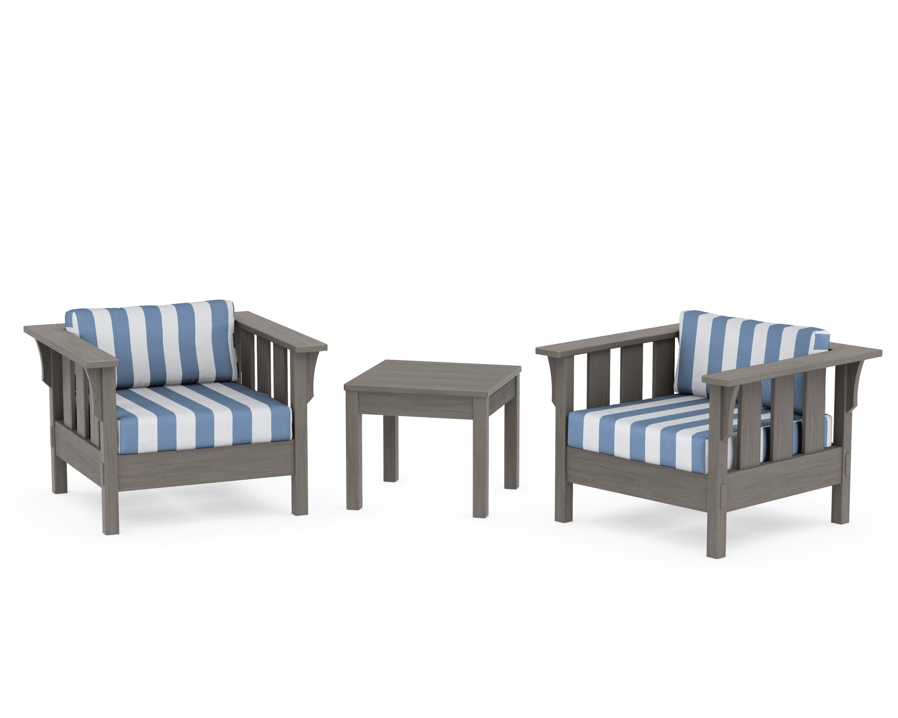 Acadia 3-Piece Deep Seating Set in Driftwood / Cabana Stripe Sky Blue