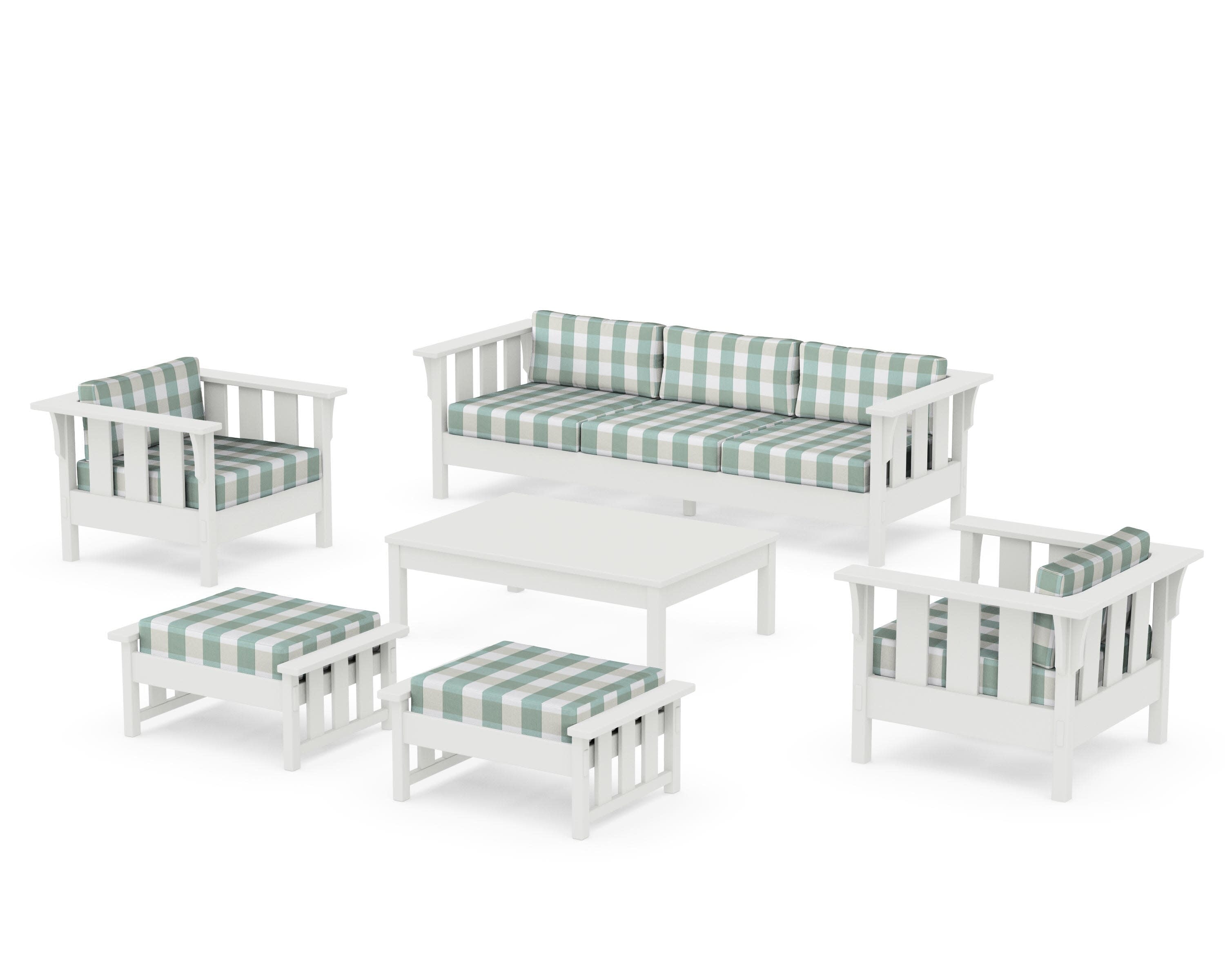 Acadia 6-Piece Lounge Sofa Set in Vintage White / Buffalo Plaid Glacier Spa