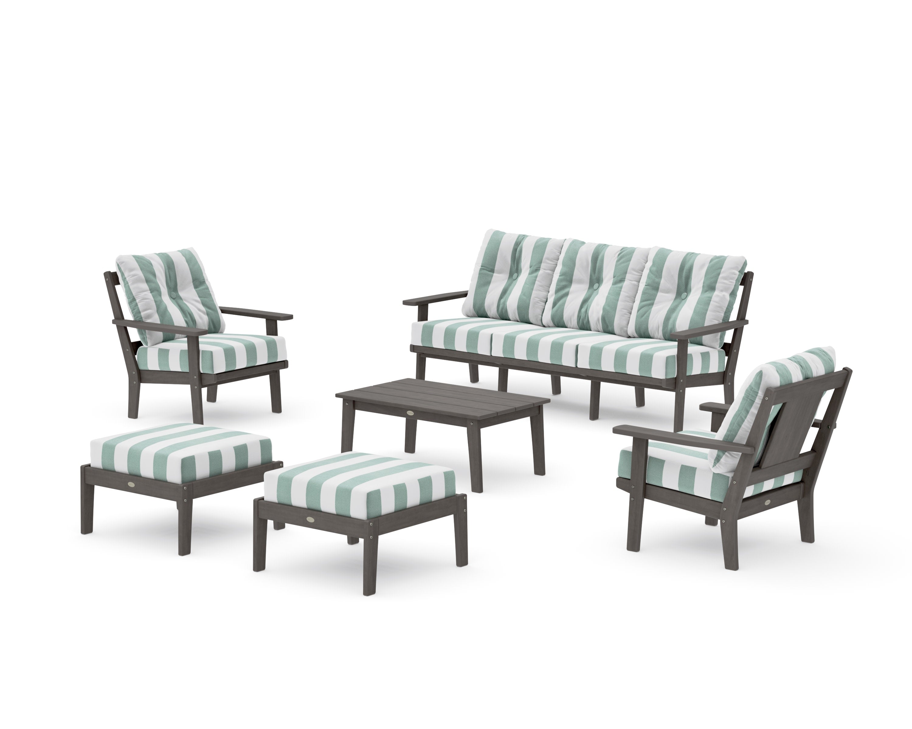 Prairie 6-Piece Lounge Sofa Set in Driftwood / Cabana Stripe Glacier Spa