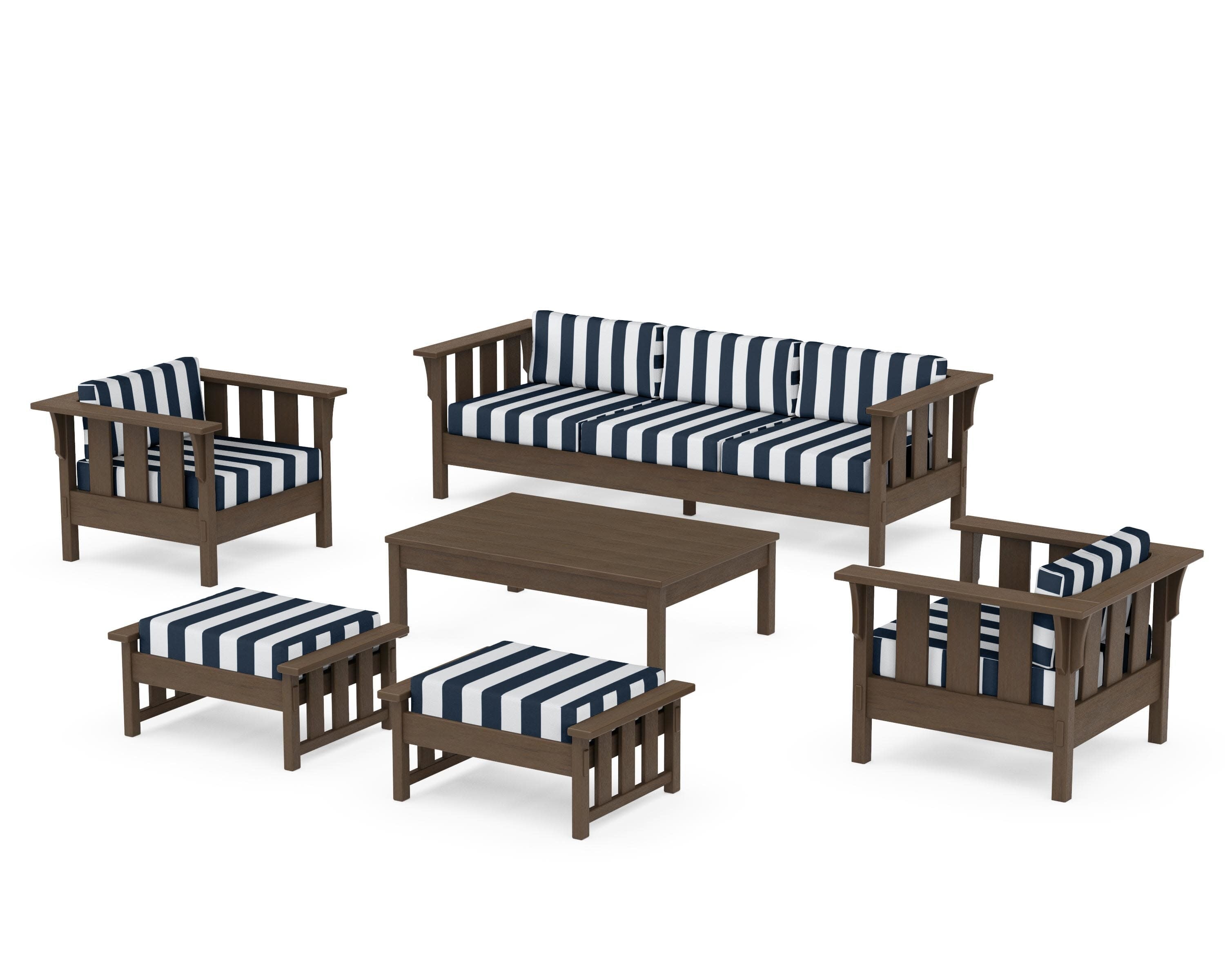 Acadia 6-Piece Lounge Sofa Set in Kona / Cabana Stripe Marine Indigo