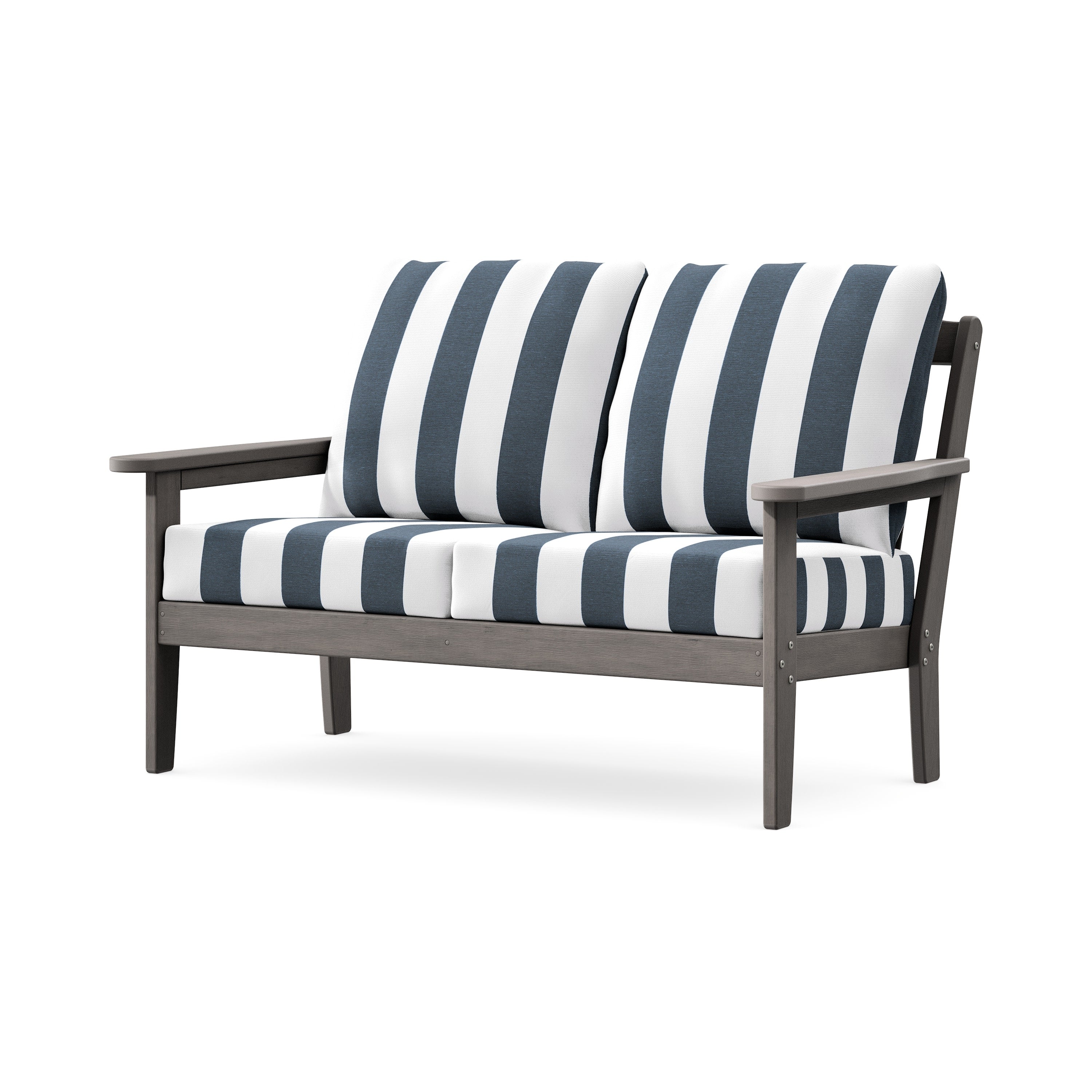 Cottage Deep Seating Loveseat in Driftwood / Cabana Stripe Marine Indigo
