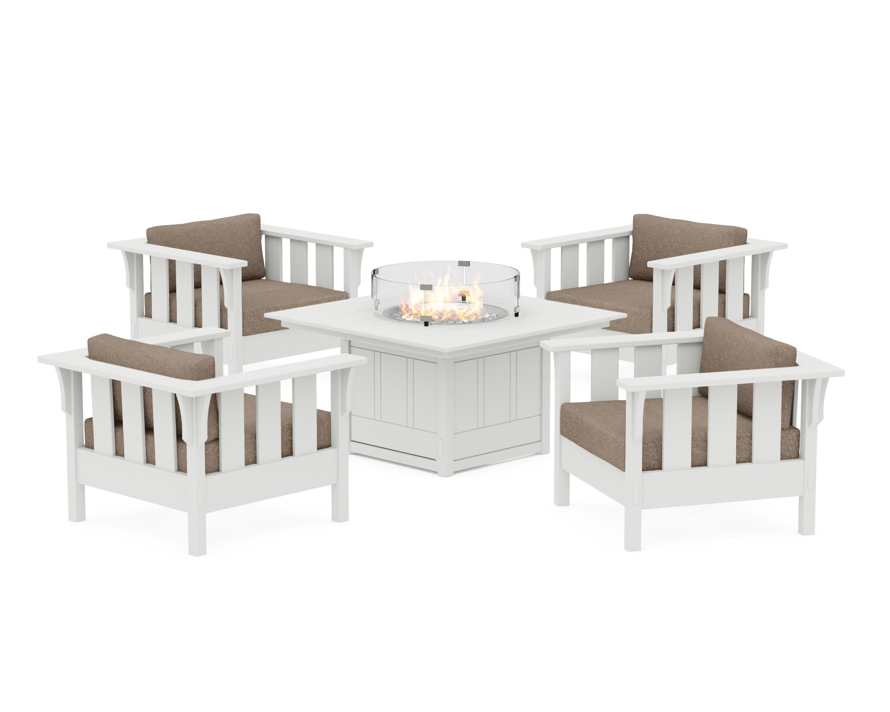 Acadia 5-Piece Deep Seating Set with Fire Pit Table in Vintage White / Spiced Burlap
