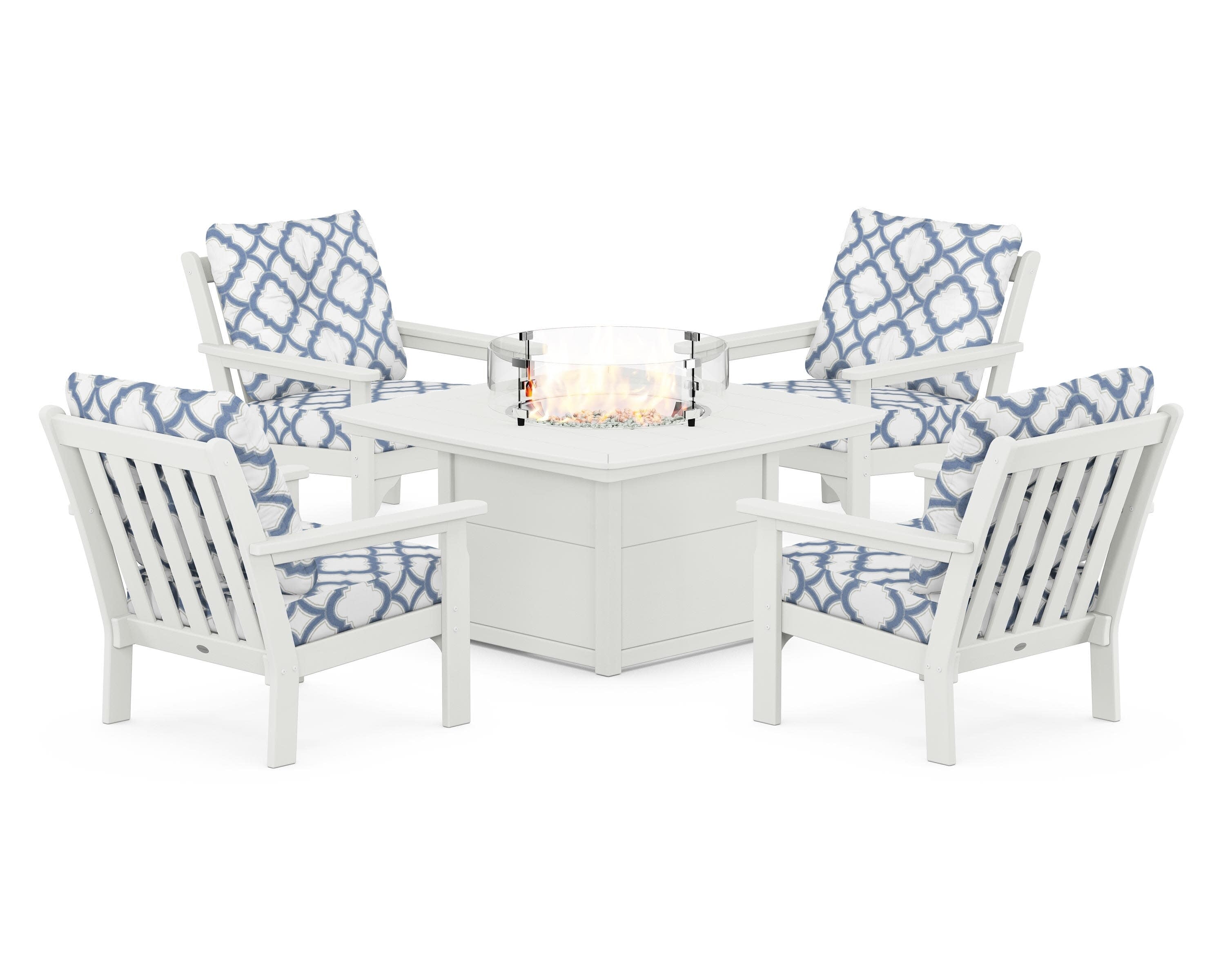 Vineyard 5-Piece Conversation Set with Fire Pit Table in Vintage White / Trellis Sky Blue