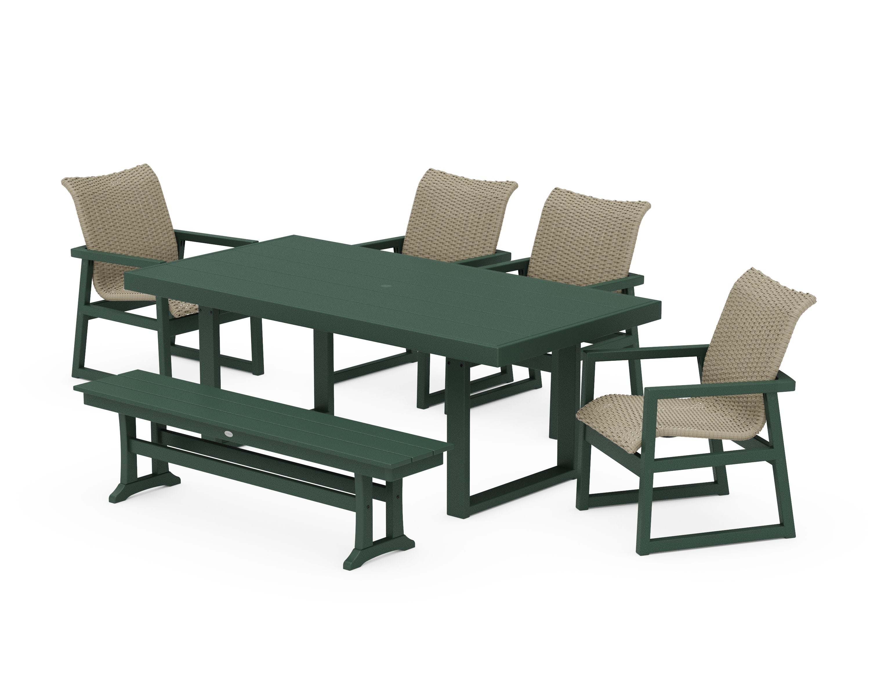 EDGE Woven 6-Piece Dining Set with Bench in Green / Dune Grass
