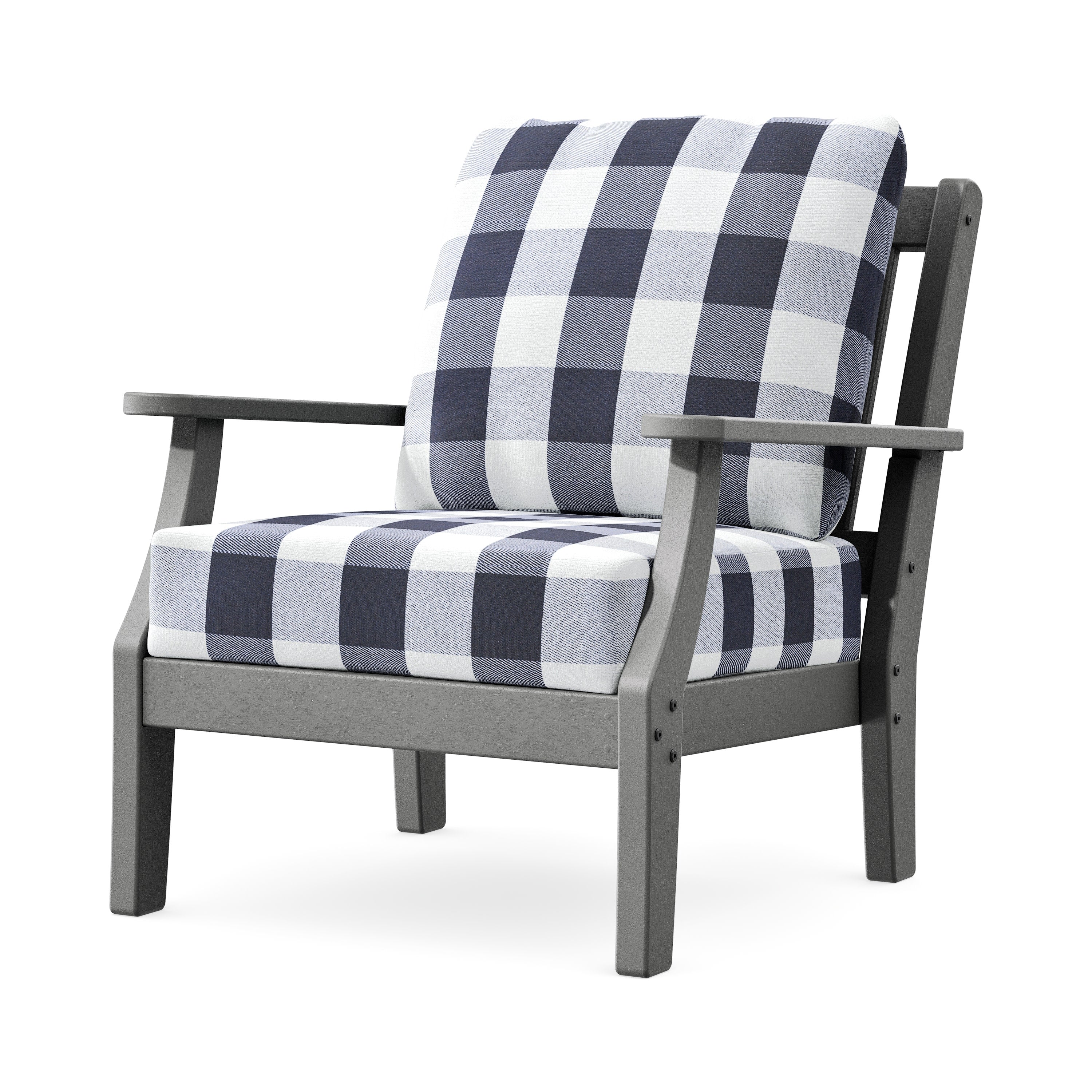 Chinoiserie Deep Seating Chair in Slate Grey / Buffalo Plaid Navy