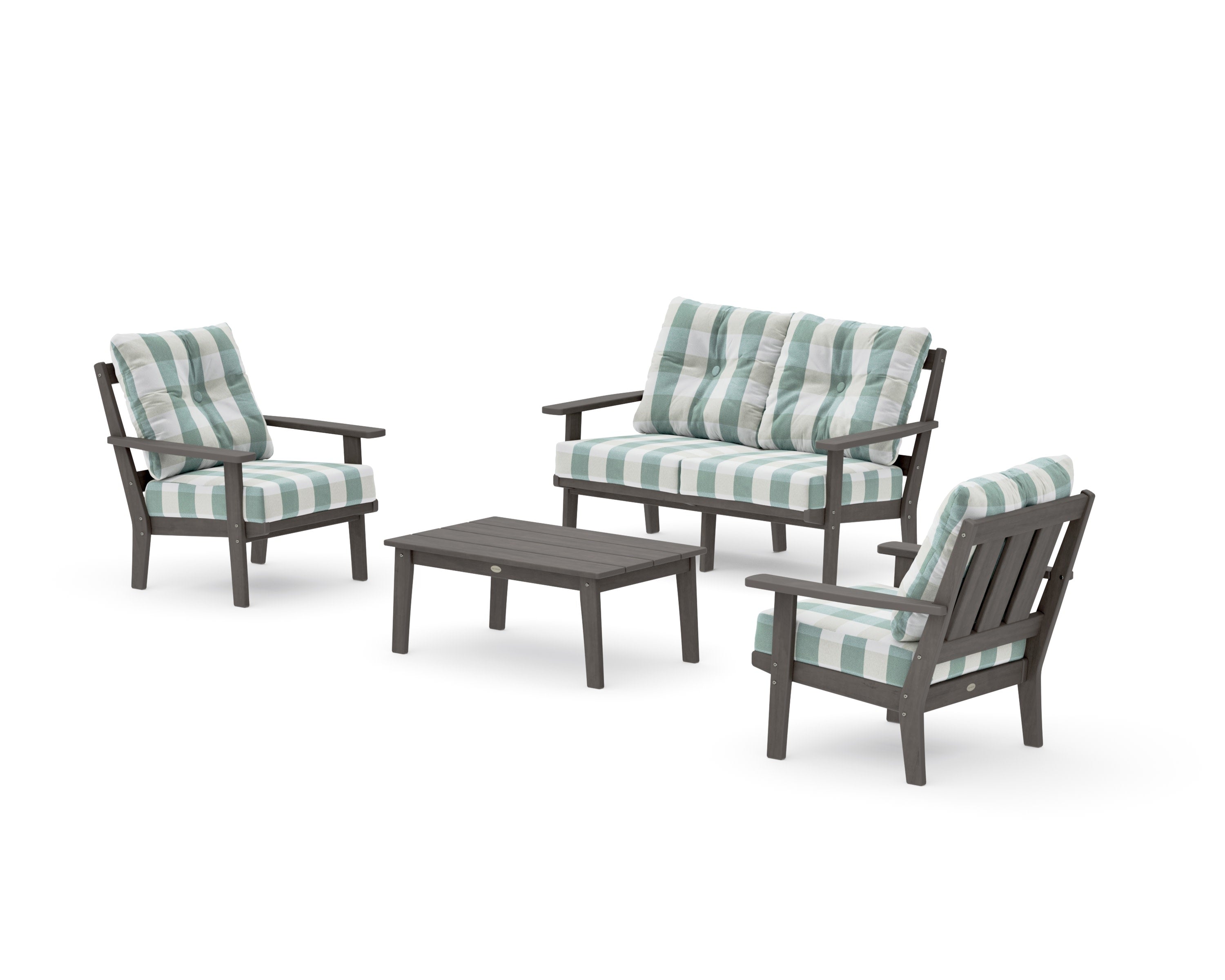 Oxford 4-Piece Deep Seating Set with Loveseat in Driftwood / Buffalo Plaid Glacier Spa