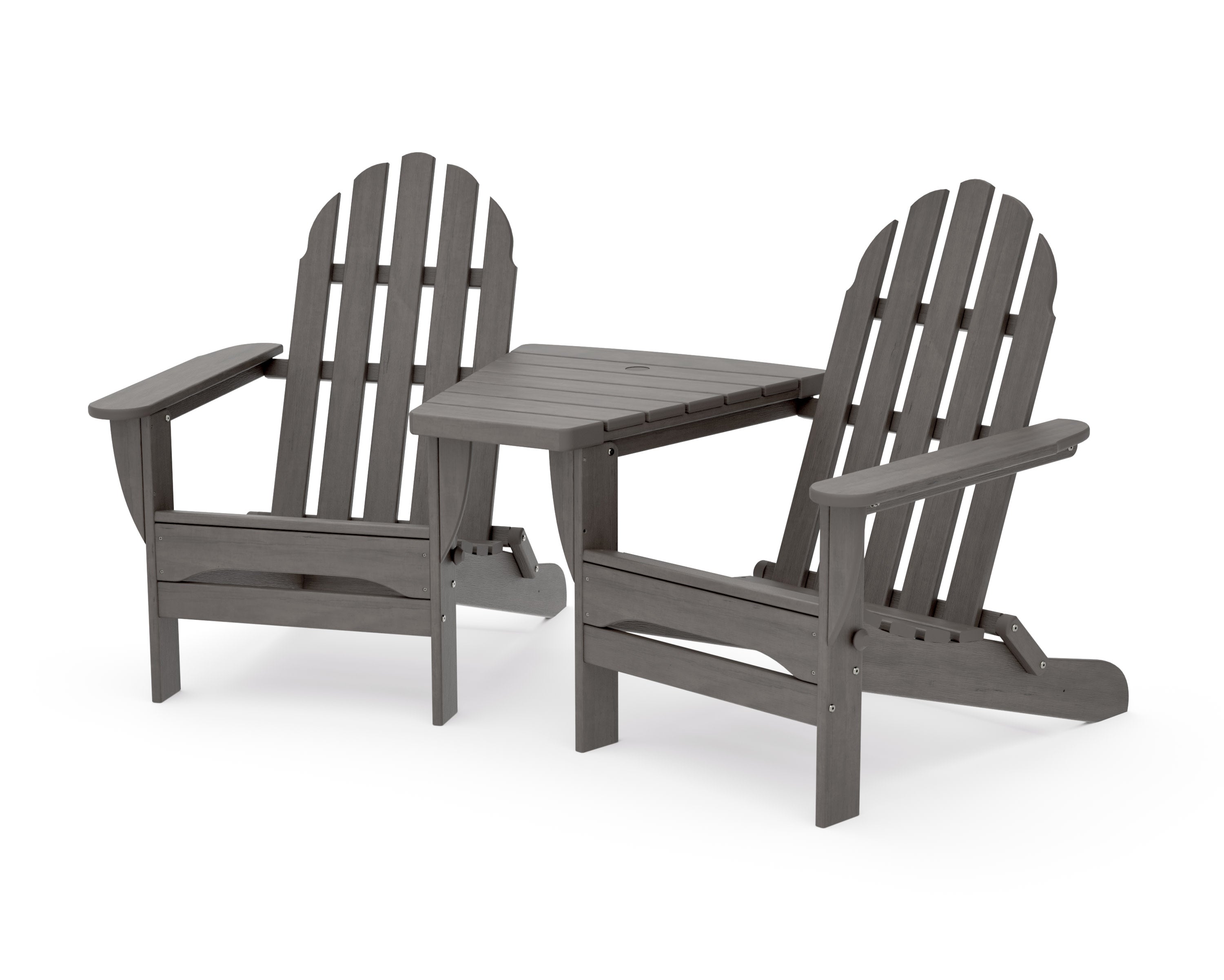 Classic Folding Adirondacks with Angled Connecting Table in Driftwood