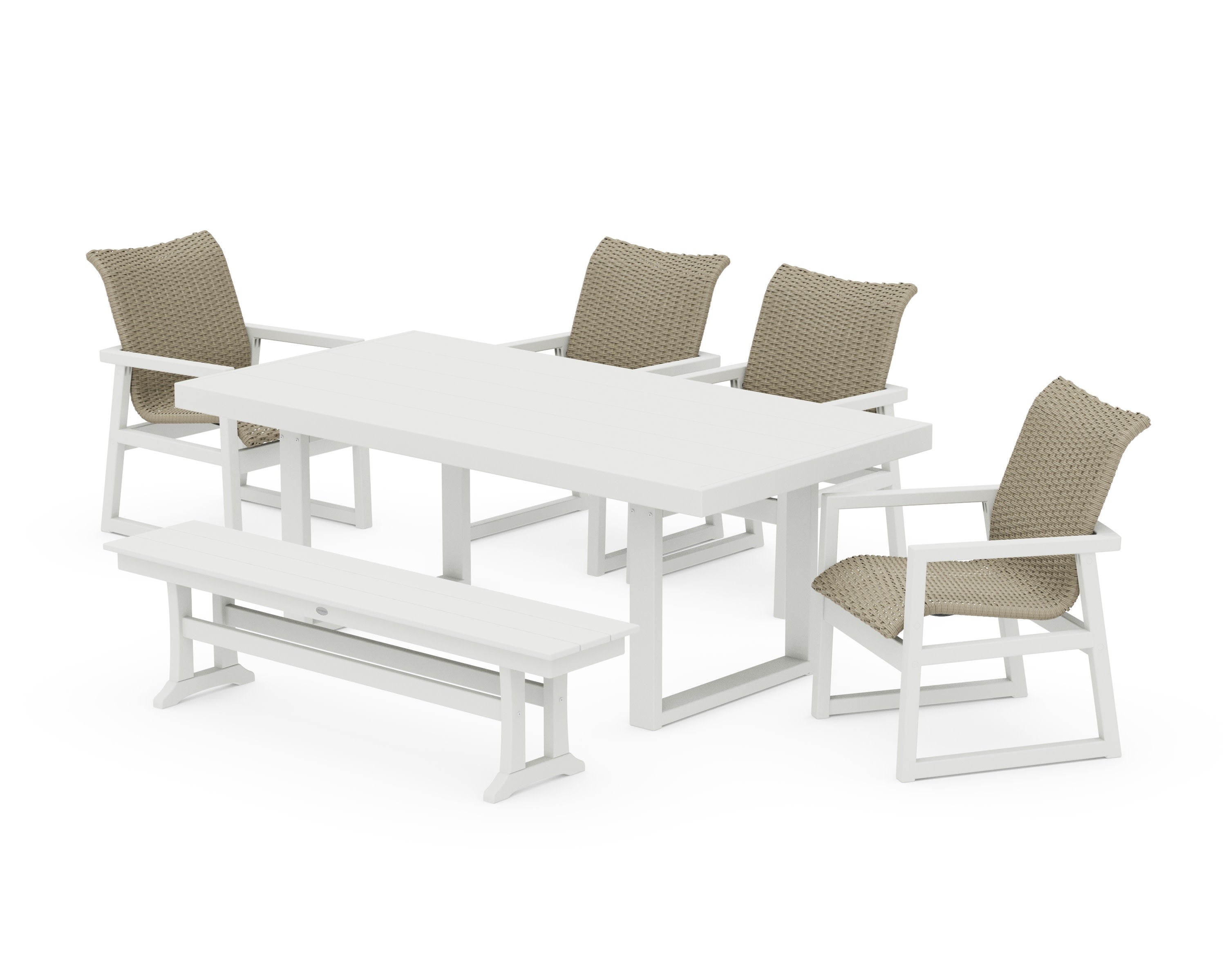 EDGE Woven 6-Piece Dining Set with Bench in White / Dune Grass