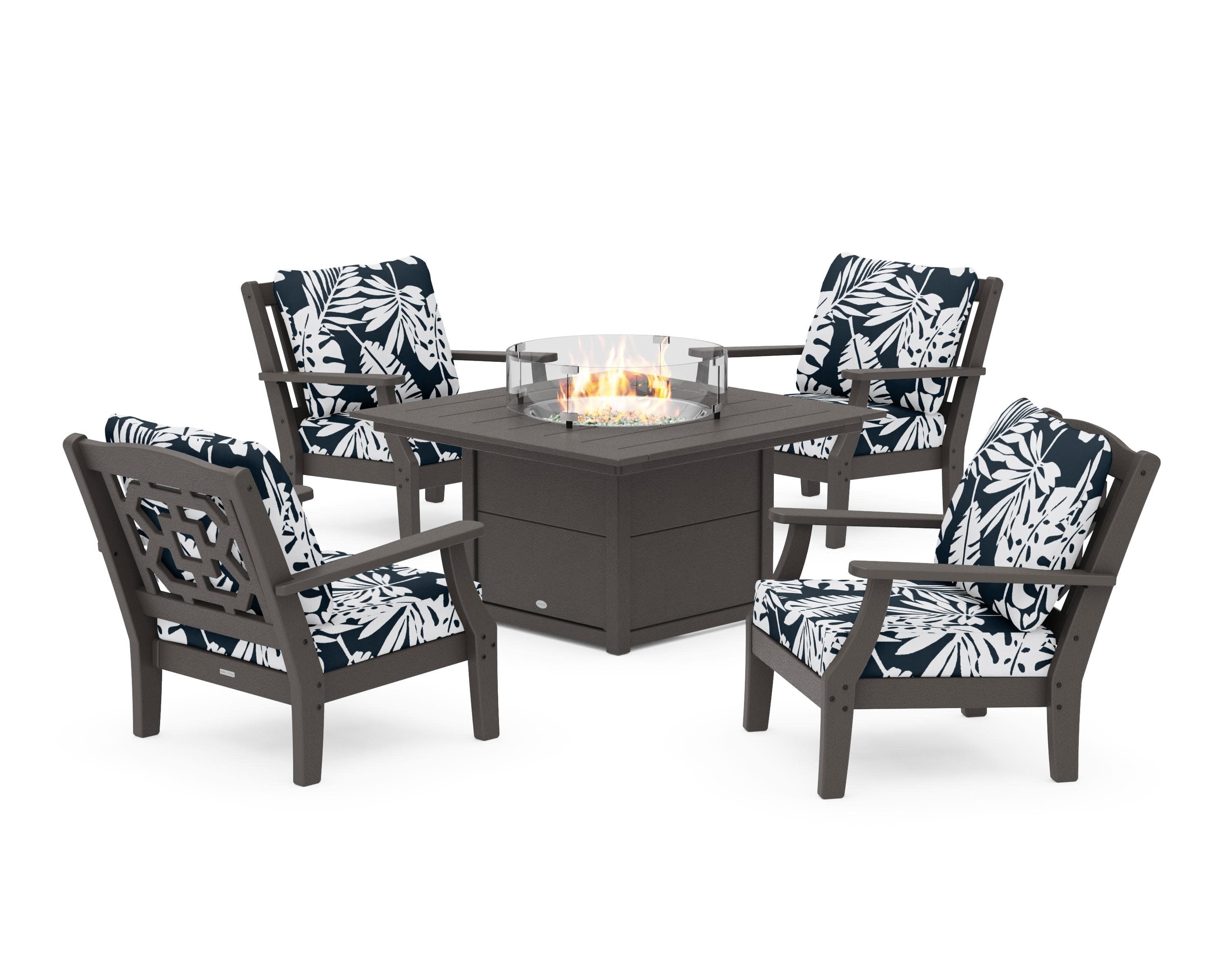 Chinoiserie 5-Piece Deep Seating Set with Fire Pit Table in Vintage Coffee / Leaf Marine Indigo