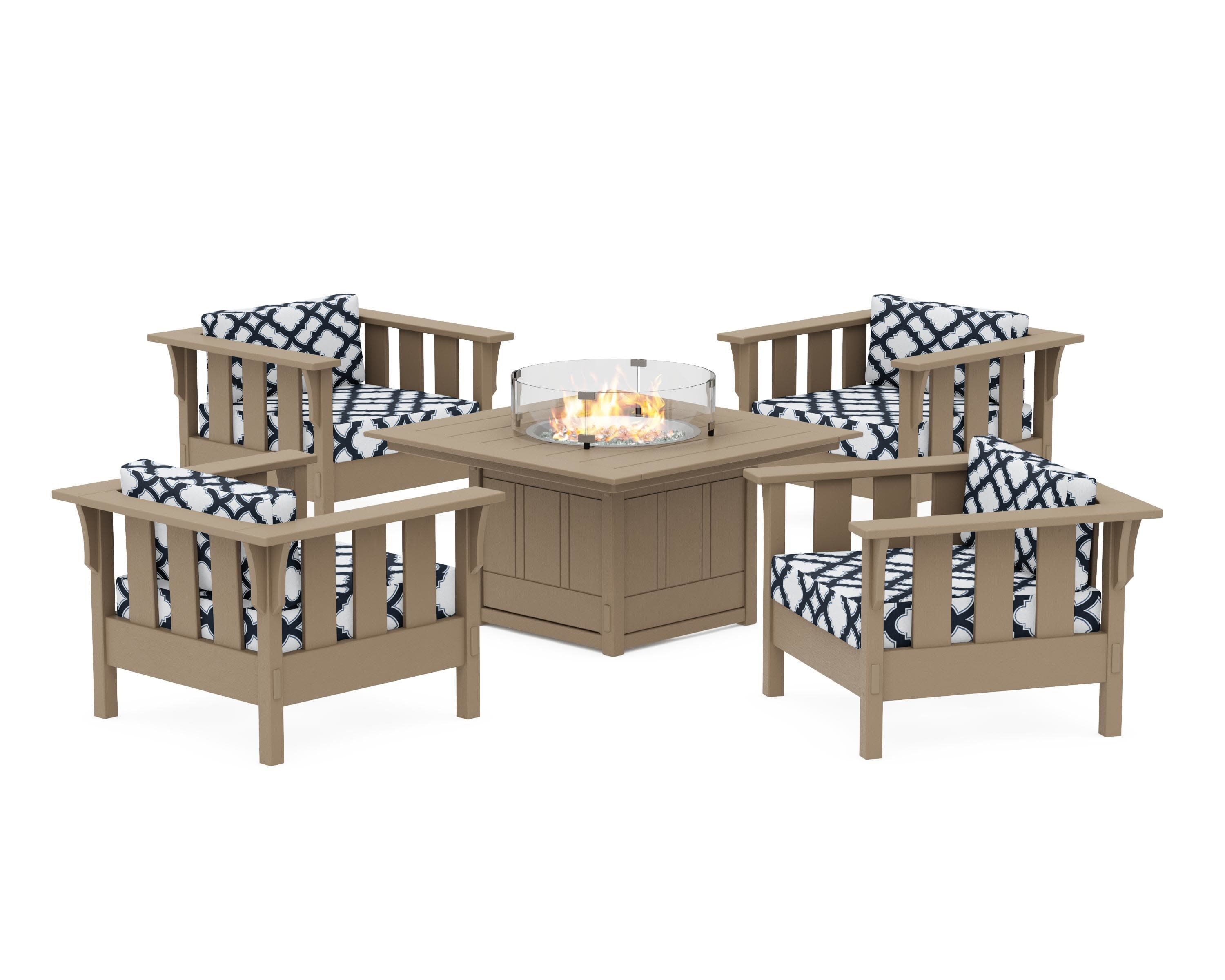 Acadia 5-Piece Deep Seating Set with Fire Pit Table in Vintage Sahara / Trellis Marine Indigo