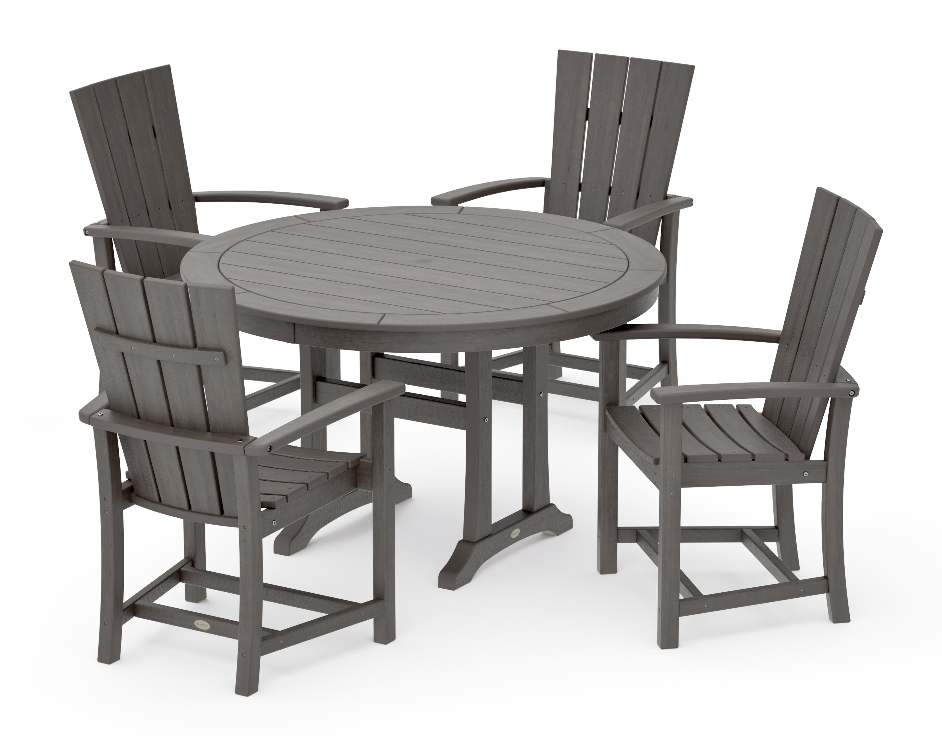 Quattro 5-Piece Round Dining Set with Trestle Legs in Driftwood