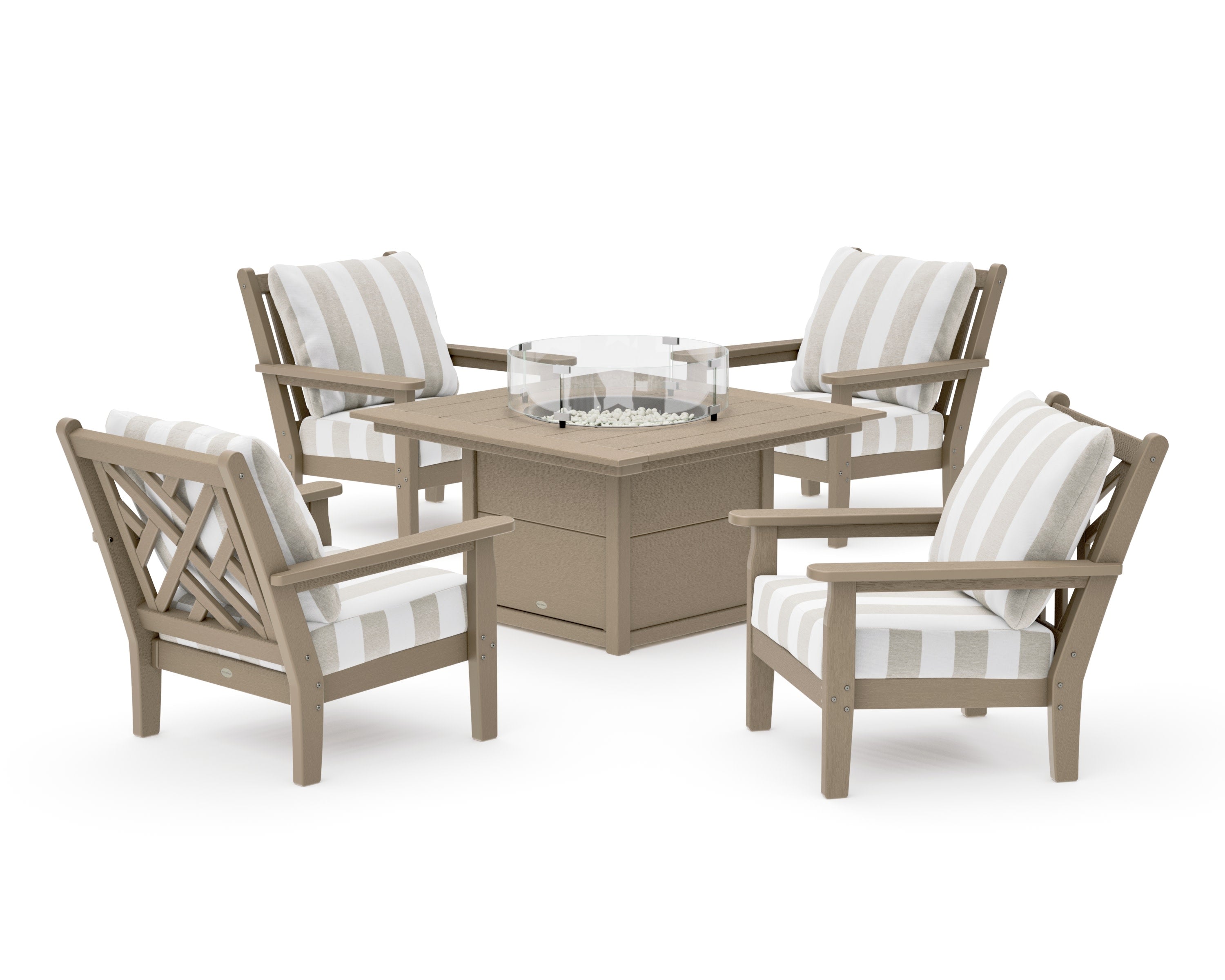 Chippendale 5-Piece Deep Seating Set with Fire Pit Table in Vintage Sahara / Cabana Stripe Dune Burlap