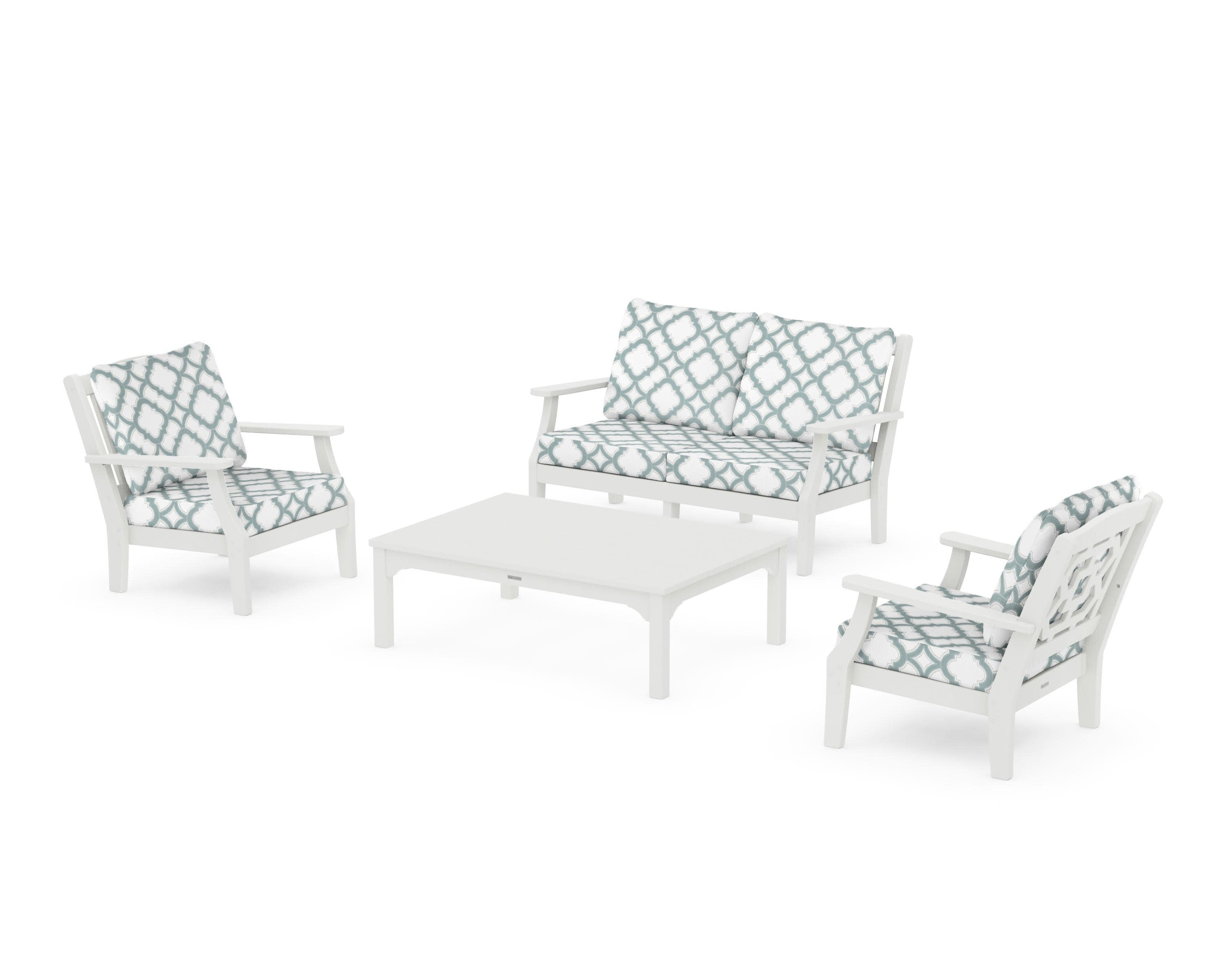 Chinoiserie 4-Piece Deep Seating Set with Loveseat in Vintage White / Trellis Glacier Spa