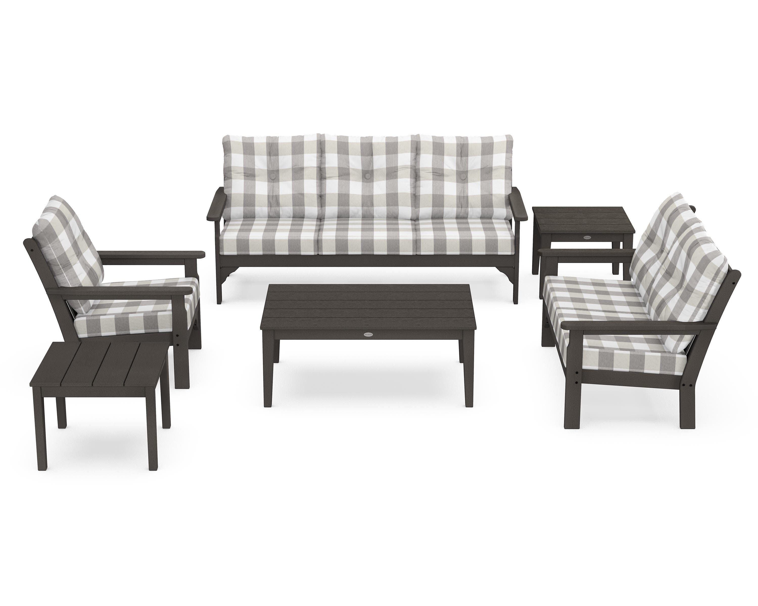 Vineyard 6-Piece Deep Seating Set in Vintage Coffee / Buffalo Plaid Grey Mist