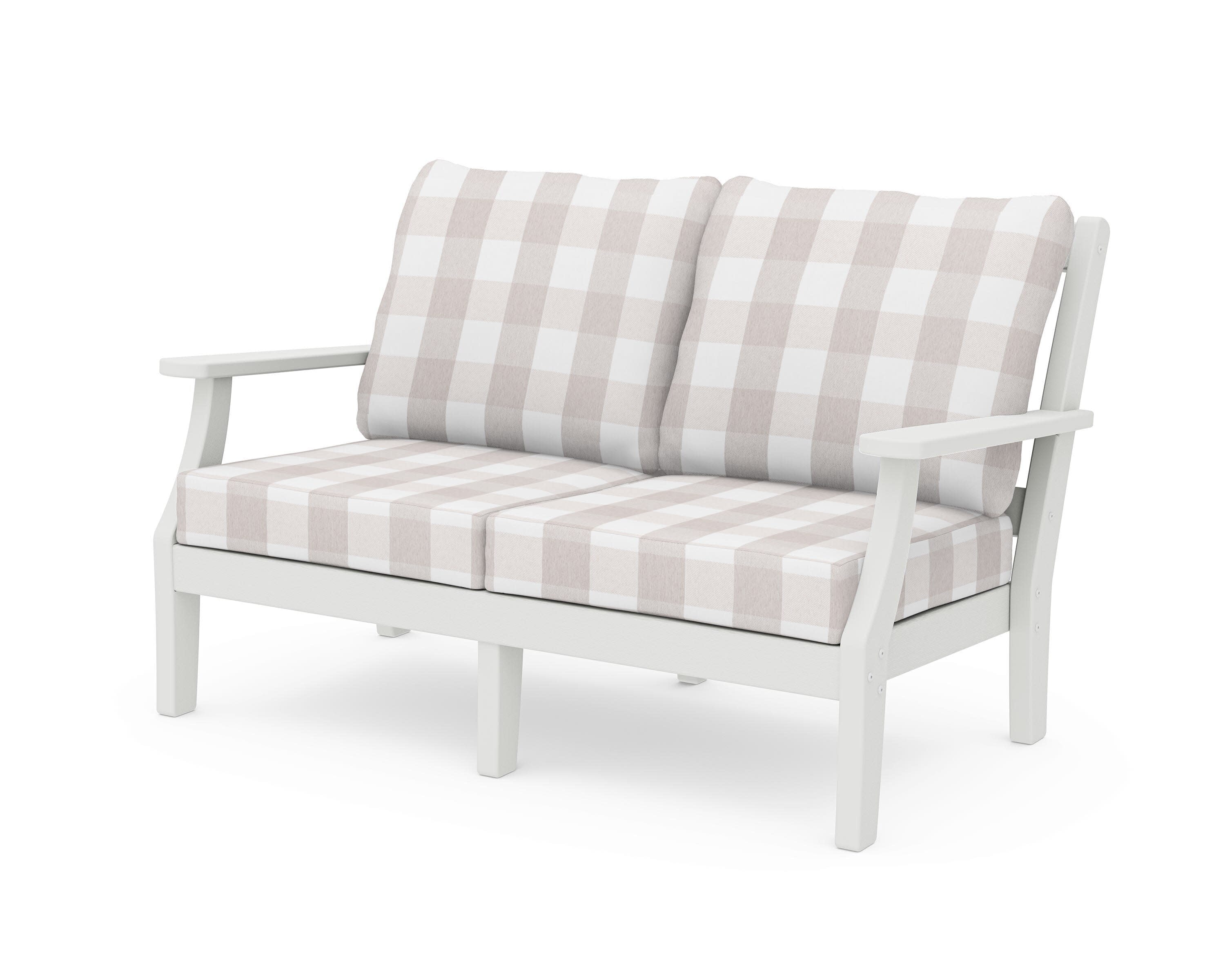 Chinoiserie Deep Seating Loveseat in Vintage White / Buffalo Plaid Dune Burlap