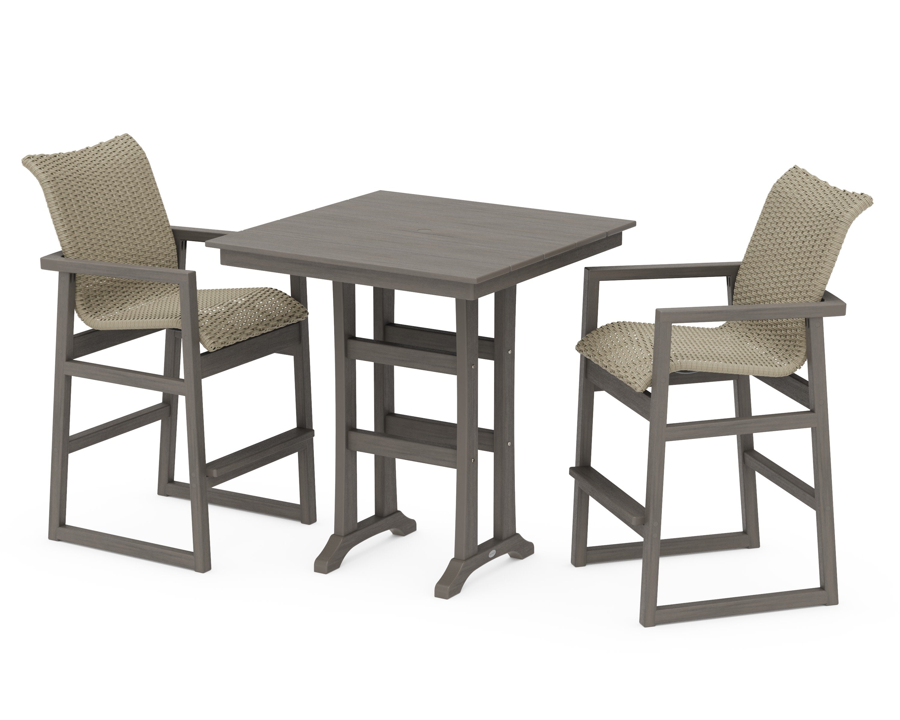 EDGE Woven 3-Piece Farmhouse Bar Set with Trestle Legs in Driftwood / Dune Grass