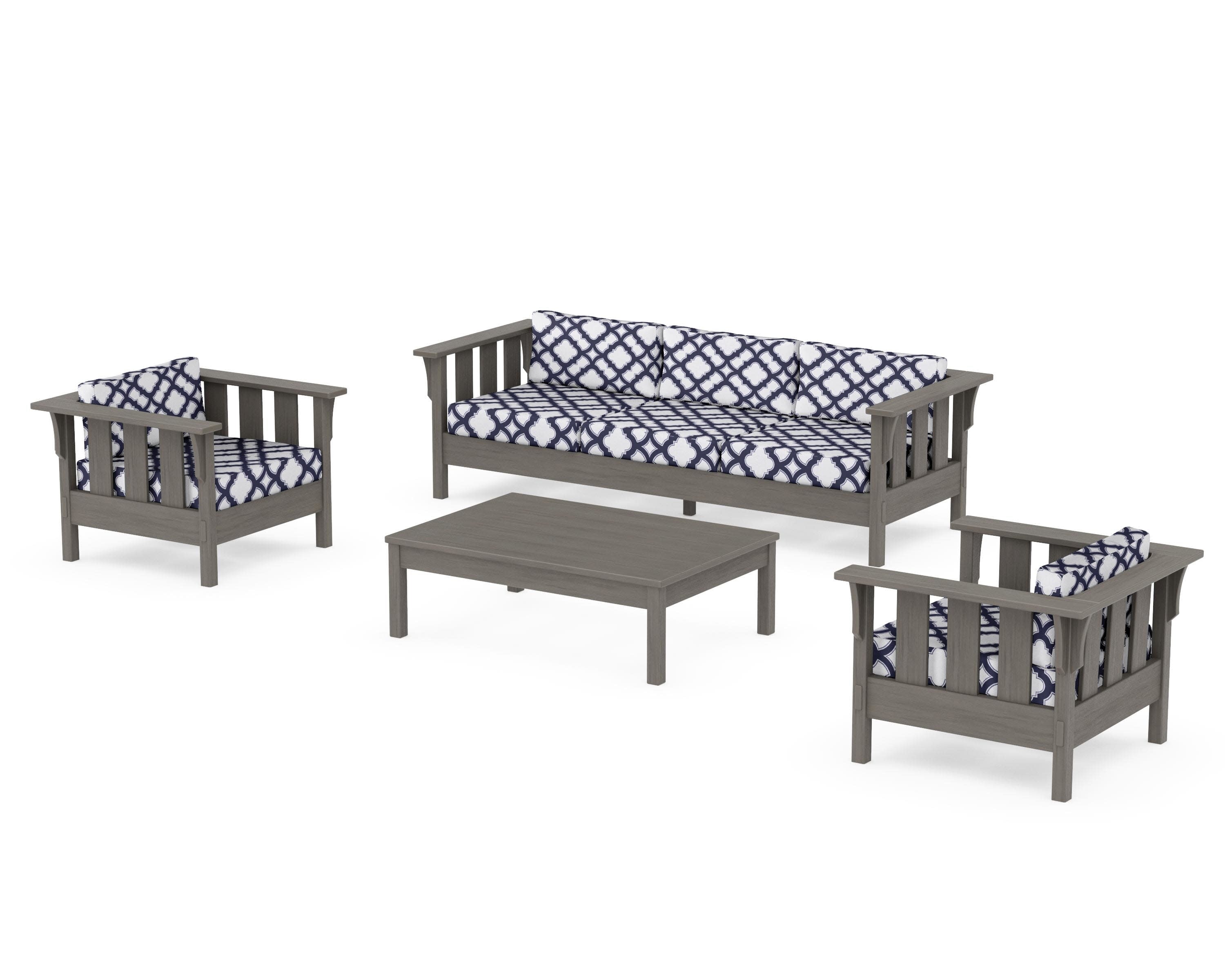 Acadia 4-Piece Deep Seating Set with Sofa in Driftwood / Trellis Navy