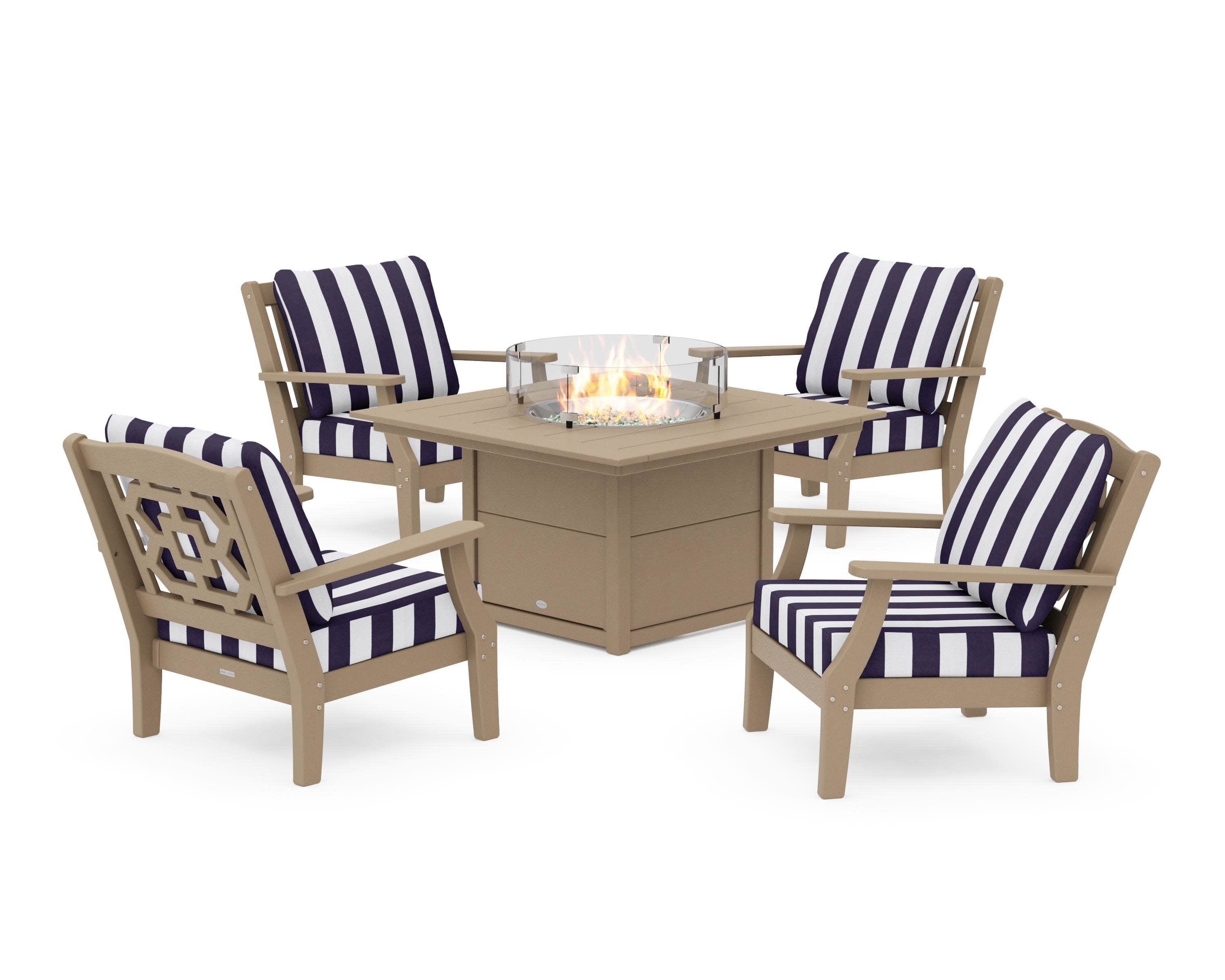 Chinoiserie 5-Piece Deep Seating Set with Fire Pit Table in Vintage Sahara / Cabana Stripe Navy