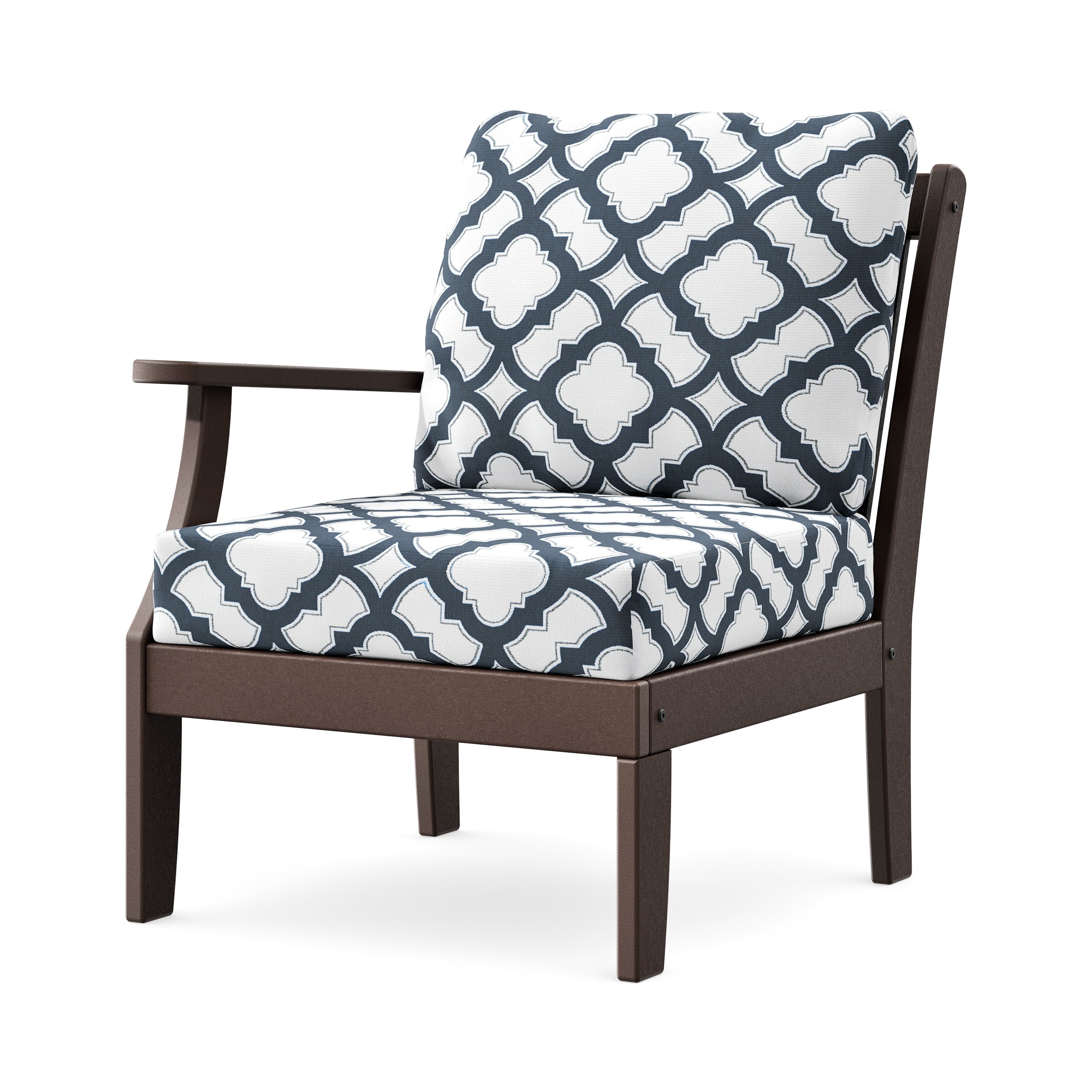 Braxton Modular Left Arm Chair in Mahogany / Trellis Marine Indigo