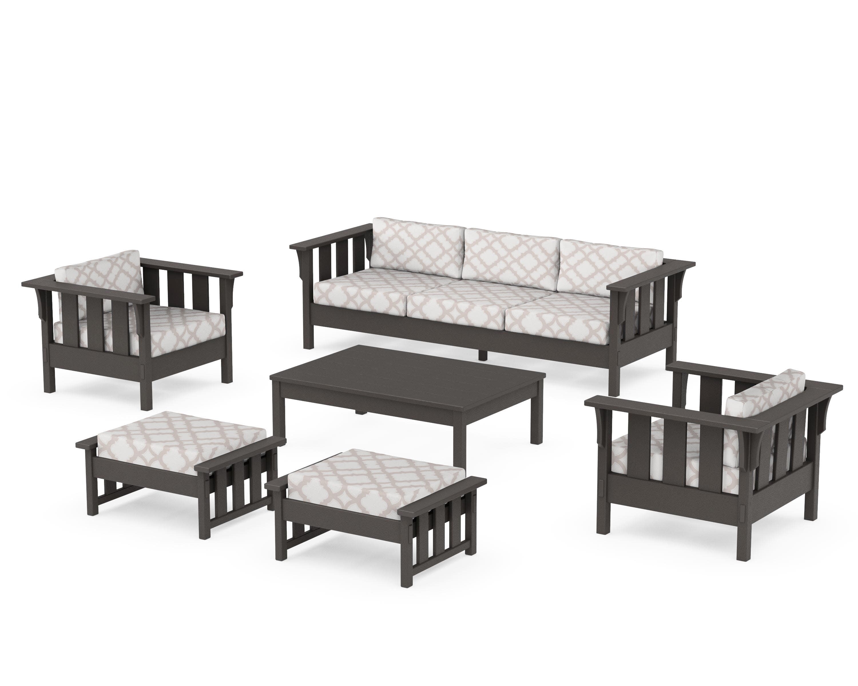 Acadia 6-Piece Lounge Sofa Set in Vintage Coffee / Trellis Dune Burlap