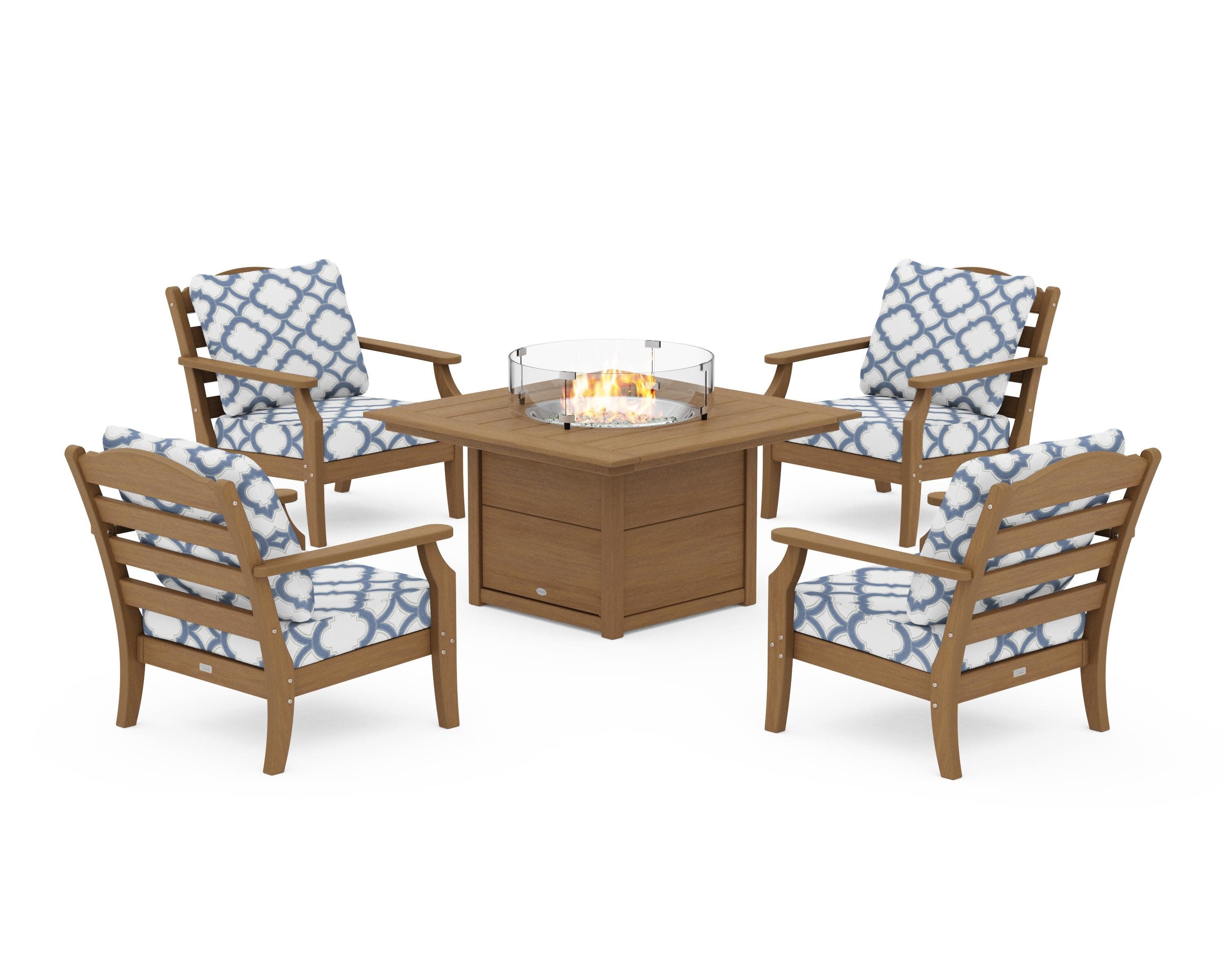 Savannah 5-Piece Deep Seating Set with Fire Pit Table in Natural / Trellis Sky Blue