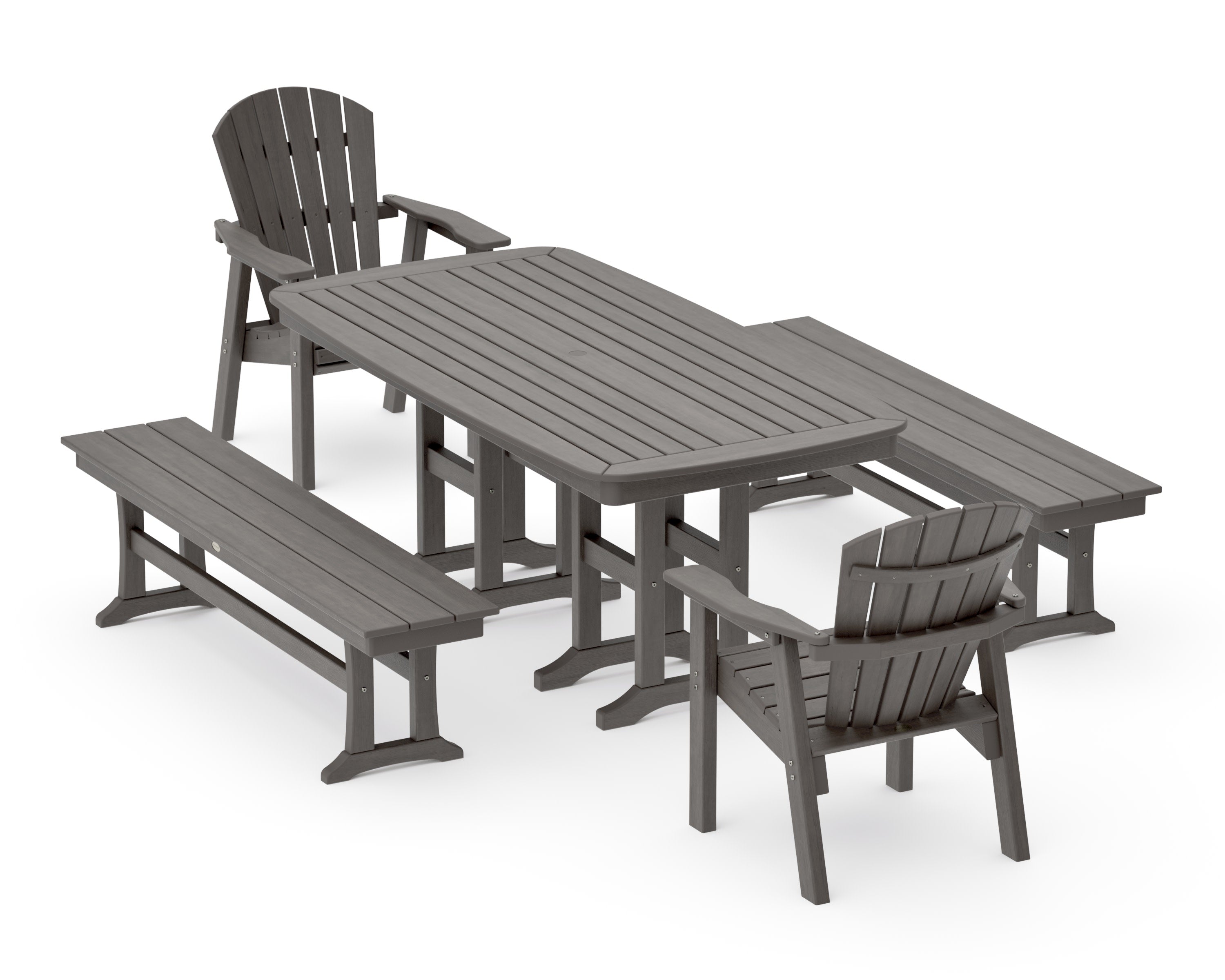 Seashell 5-Piece Dining Set with Benches in Driftwood