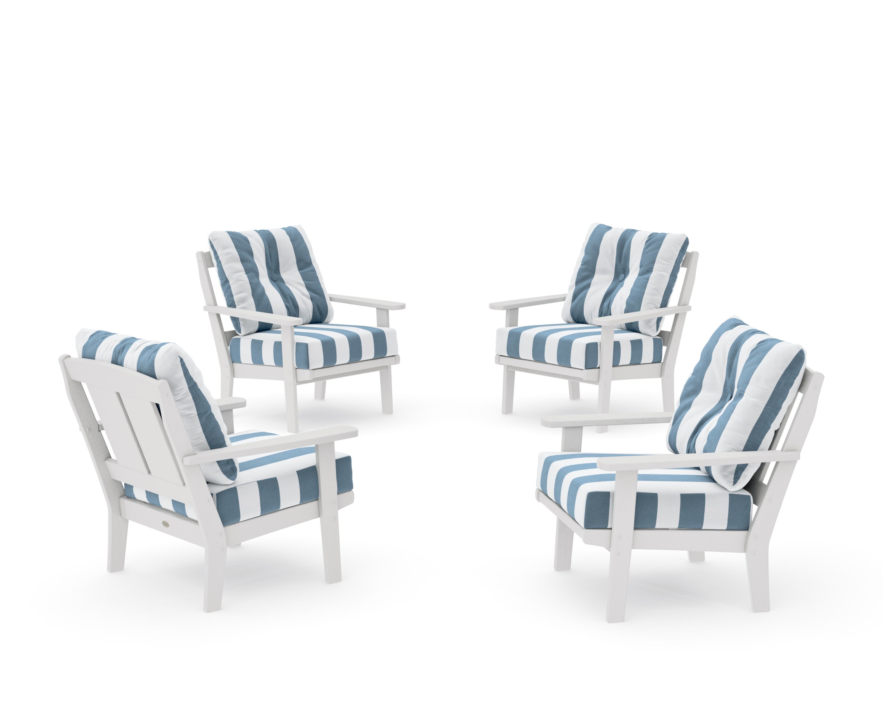 Mission 5-Piece Deep Seating Set with Fire Pit Table in Vintage White / Cabana Stripe Sky Blue