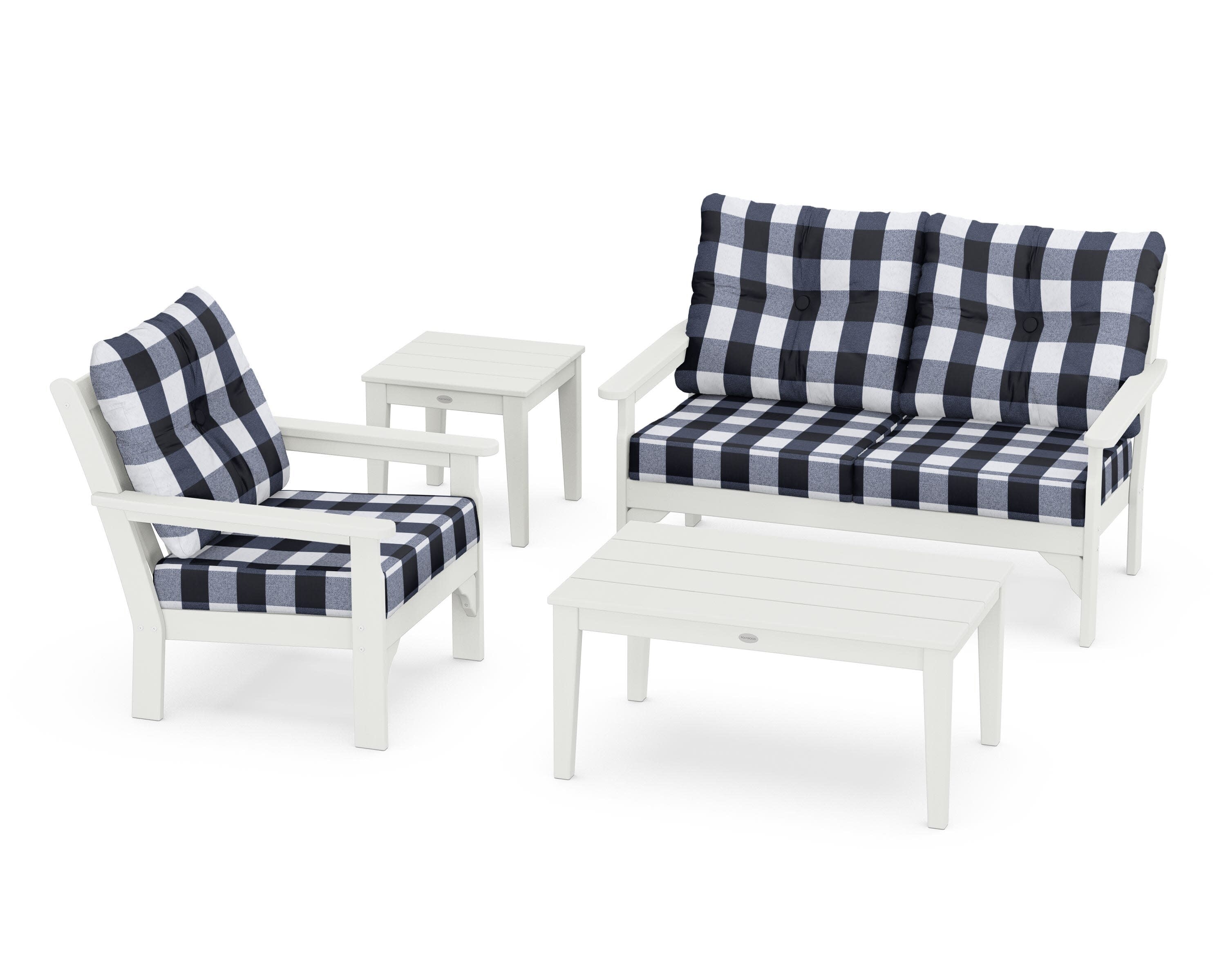 Vineyard 4-Piece Deep Seating Set in Vintage White / Buffalo Plaid Marine Indigo
