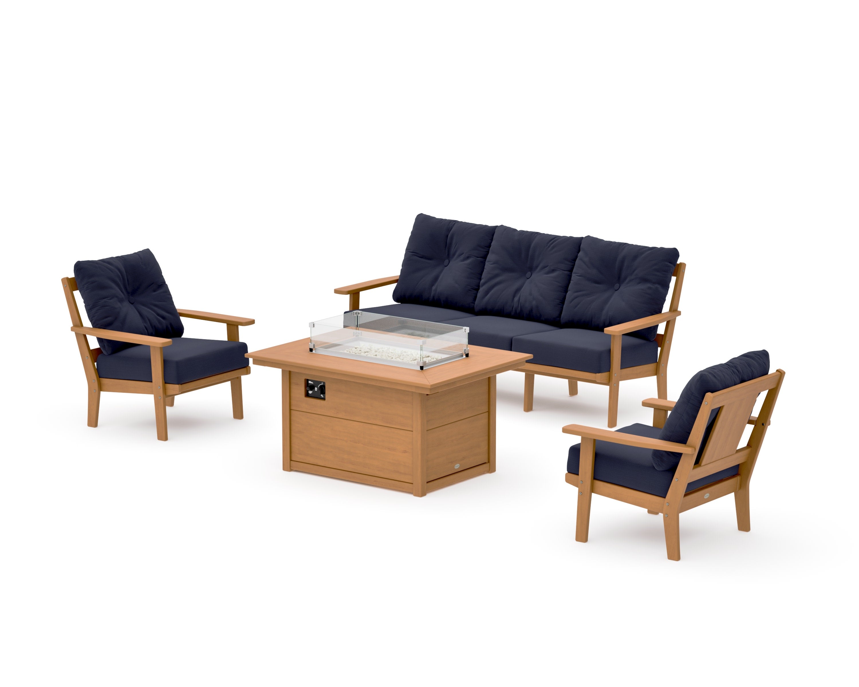Prairie Deep Seating Fire Pit Table Set in Natural / Navy Linen