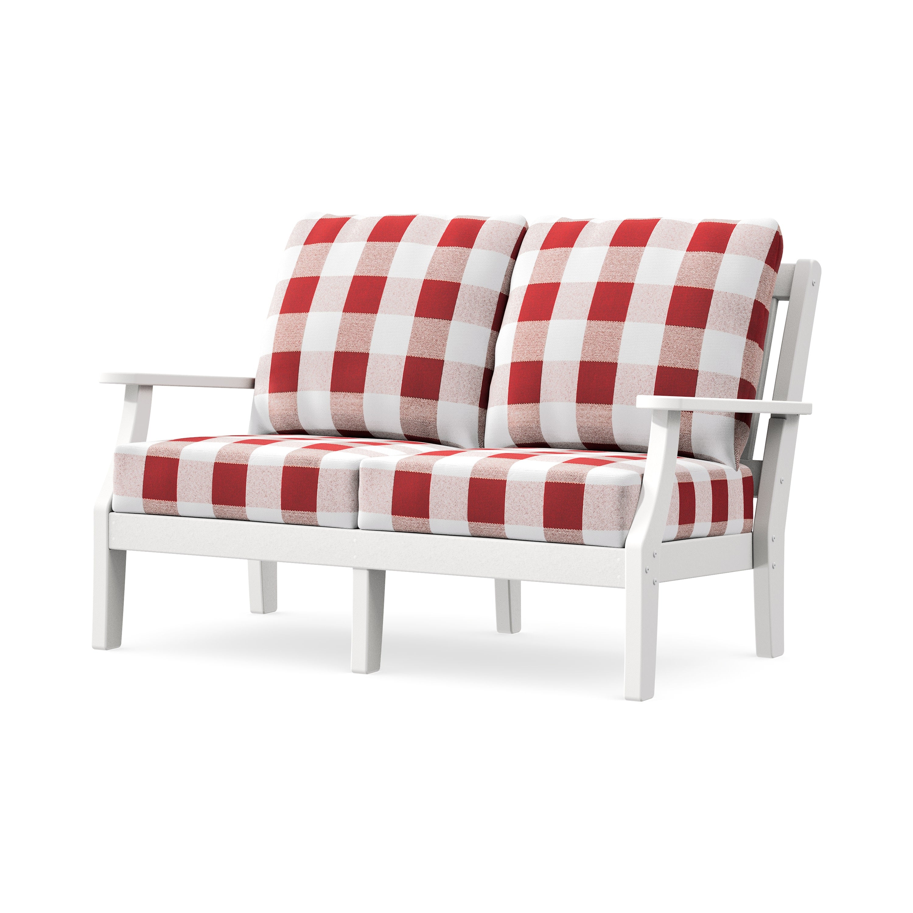 Chinoiserie Deep Seating Loveseat in White / Buffalo Plaid Crimson