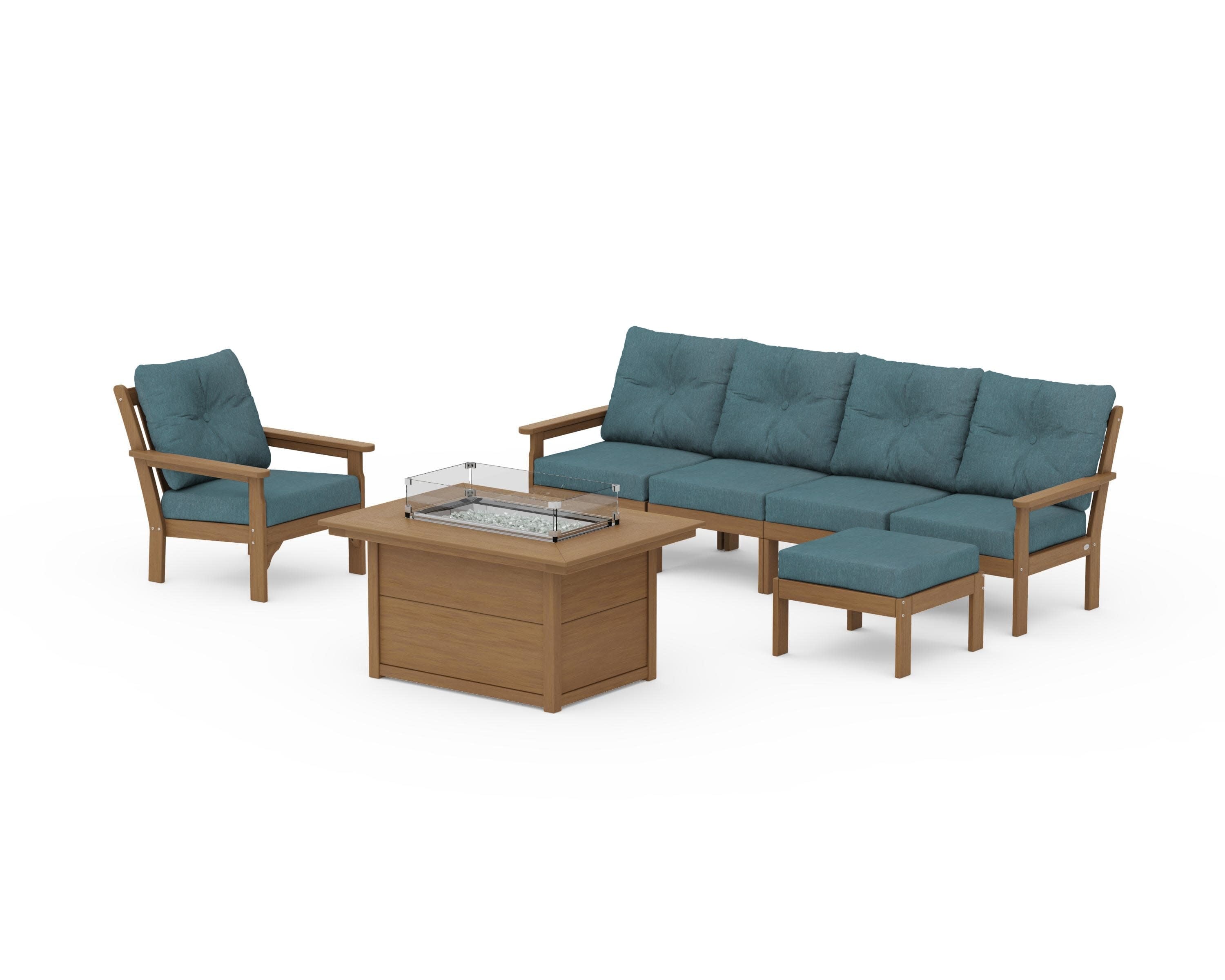 Vineyard Sectional Lounge and Fire Pit Set in Natural / Ocean Teal