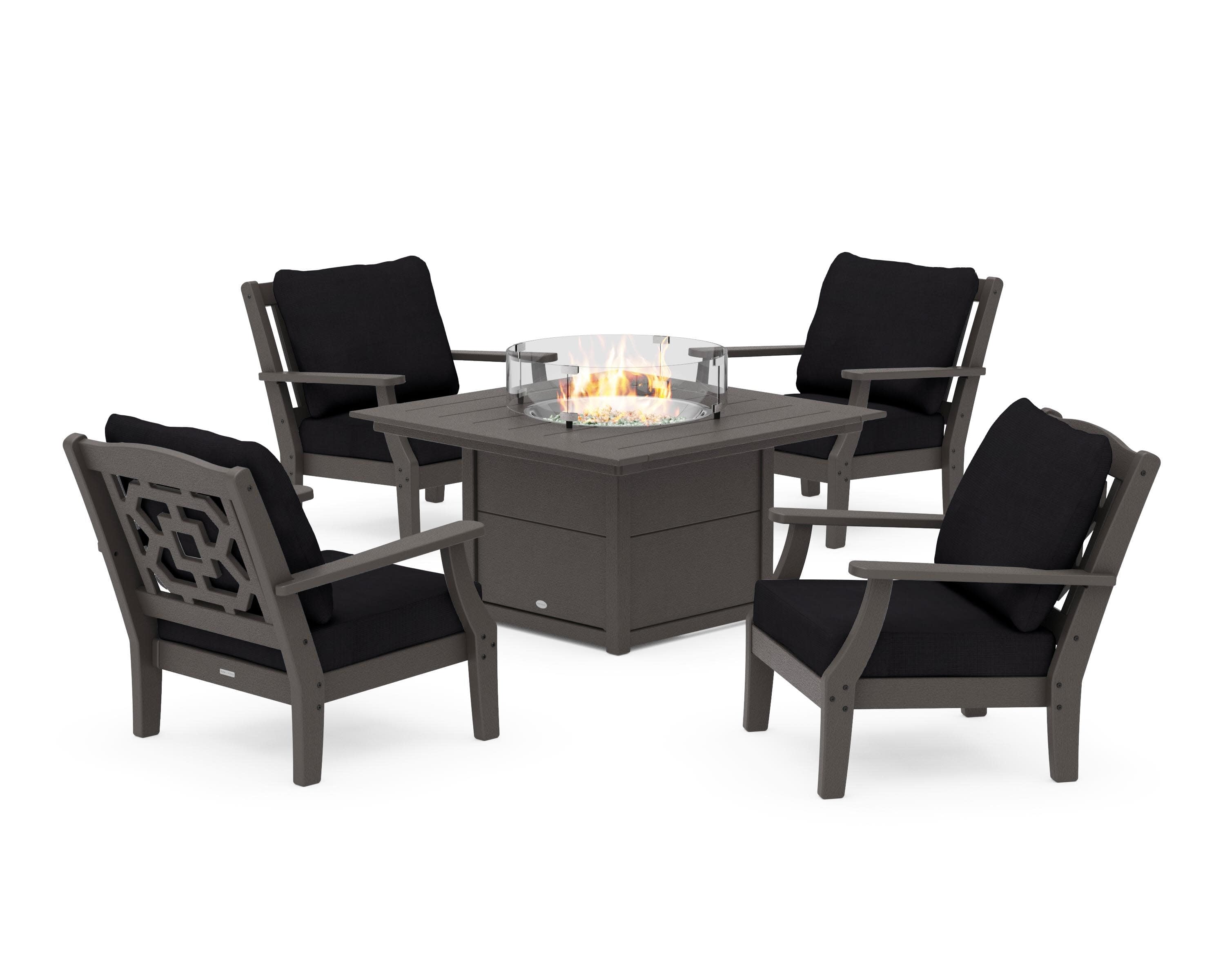 Chinoiserie 5-Piece Deep Seating Set with Fire Pit Table in Vintage Coffee / Midnight Linen