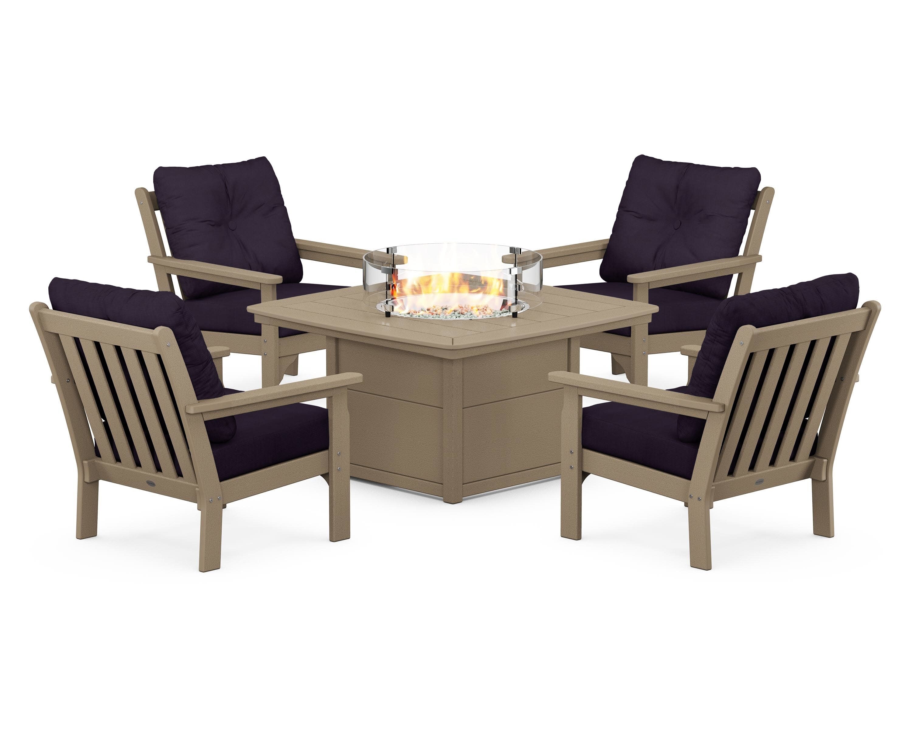Vineyard 5-Piece Conversation Set with Fire Pit Table in Vintage Sahara / Navy Linen