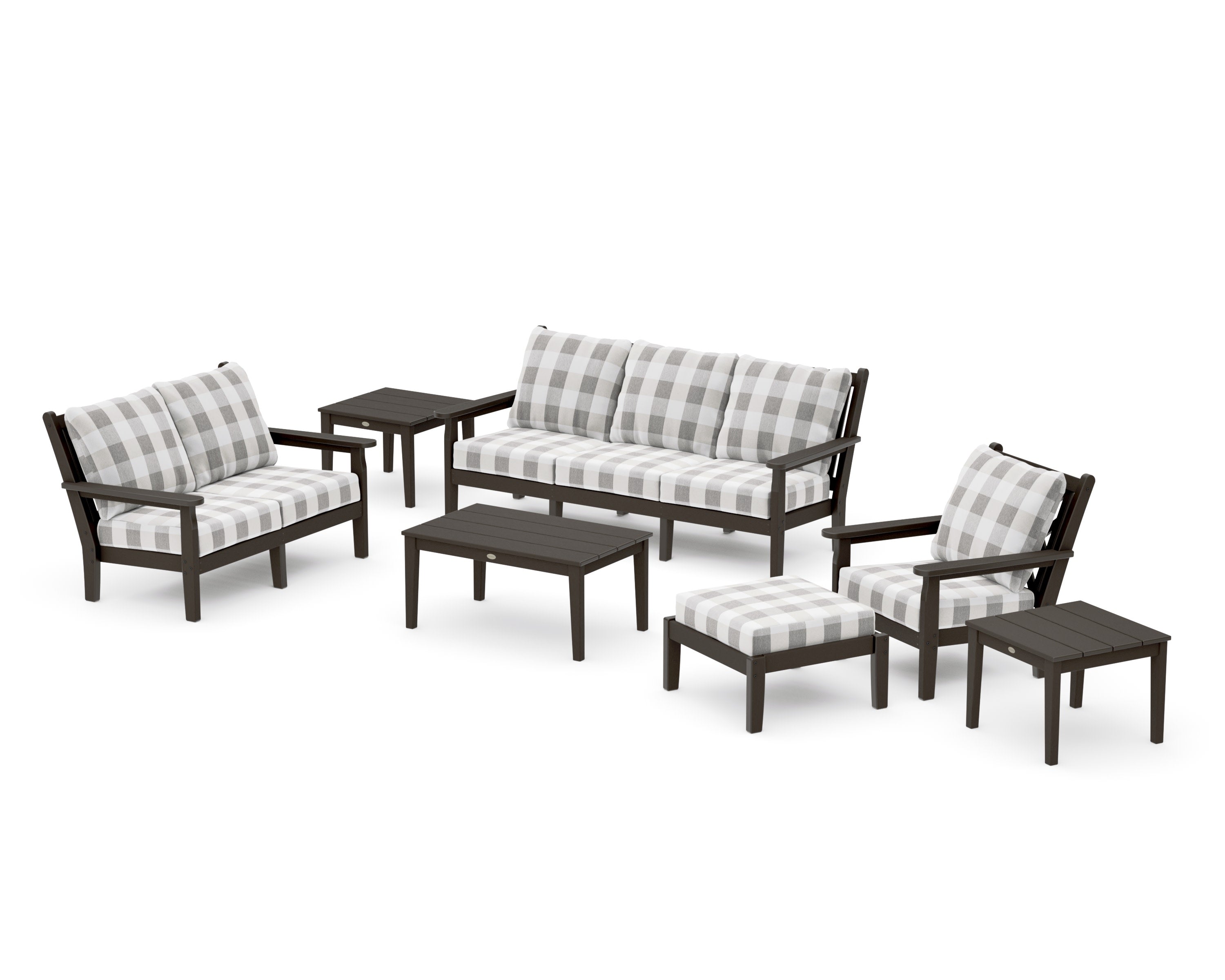 Chippendale 7-Piece Deep Seating Set in Vintage Coffee / Buffalo Plaid Grey Mist