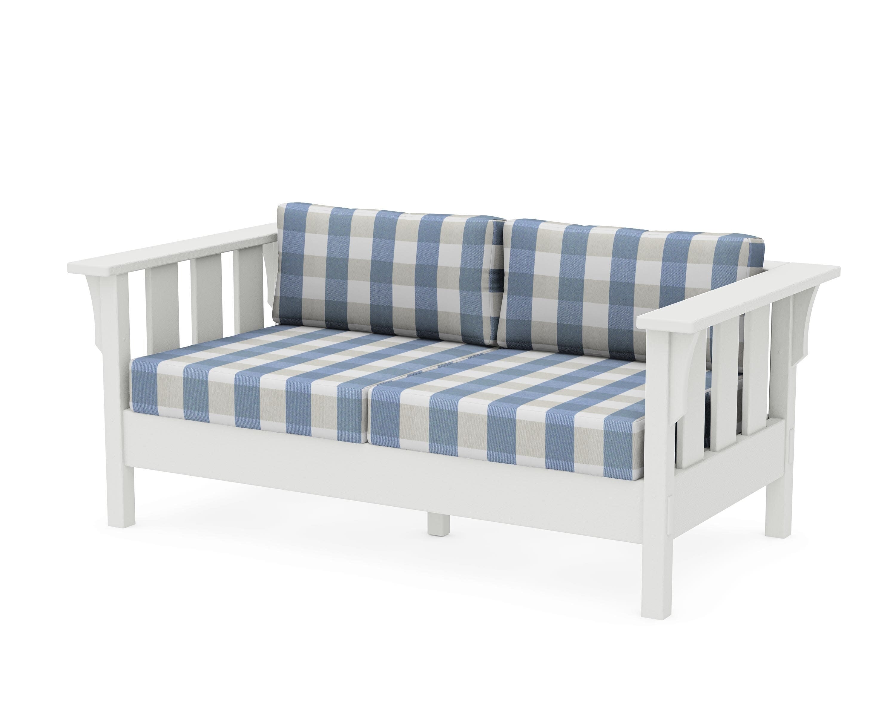 Acadia Deep Seating Loveseat in Vintage White / Buffalo Plaid Sky Blue