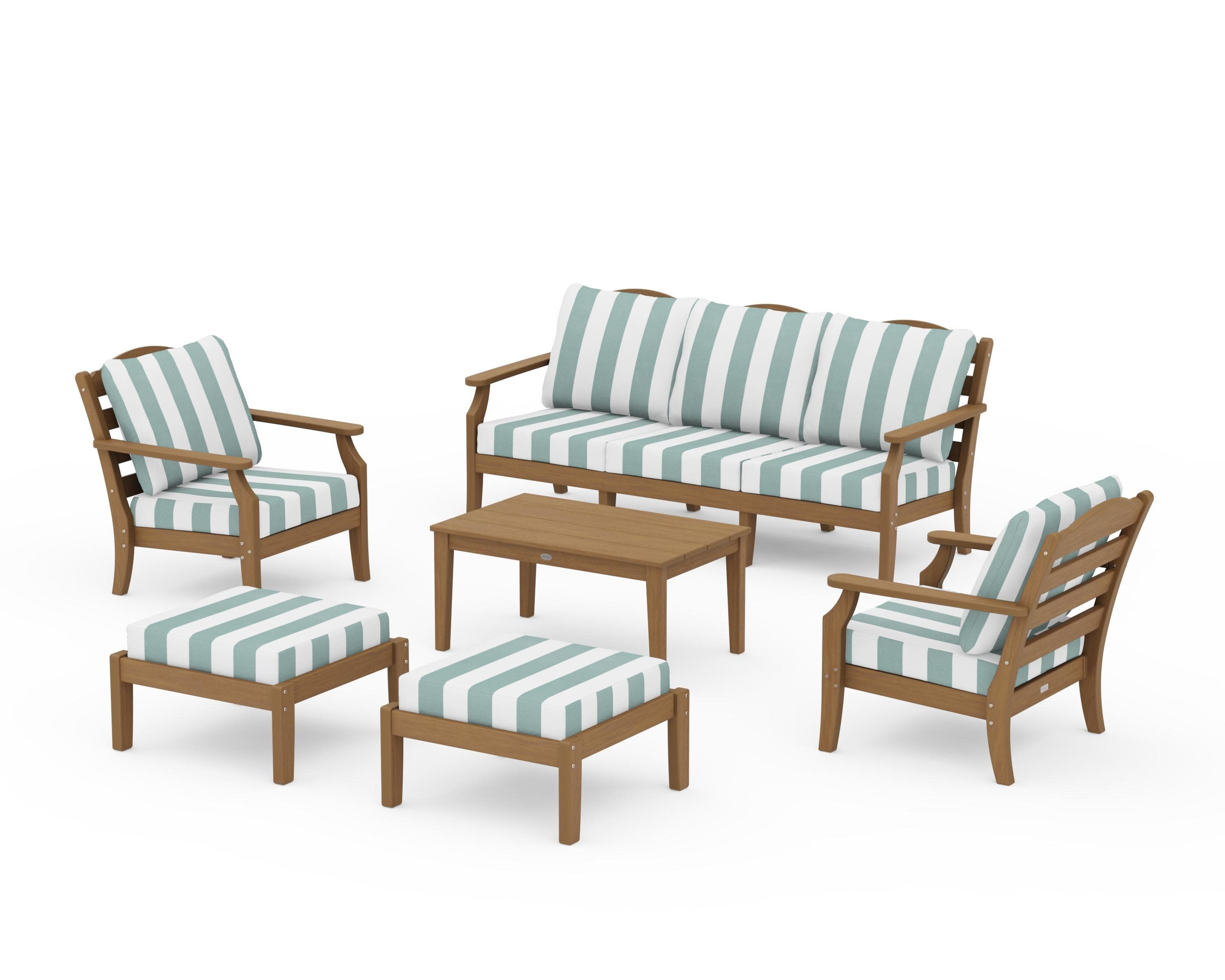 Savannah 6-Piece Lounge Sofa Set in Natural / Cabana Stripe Glacier Spa