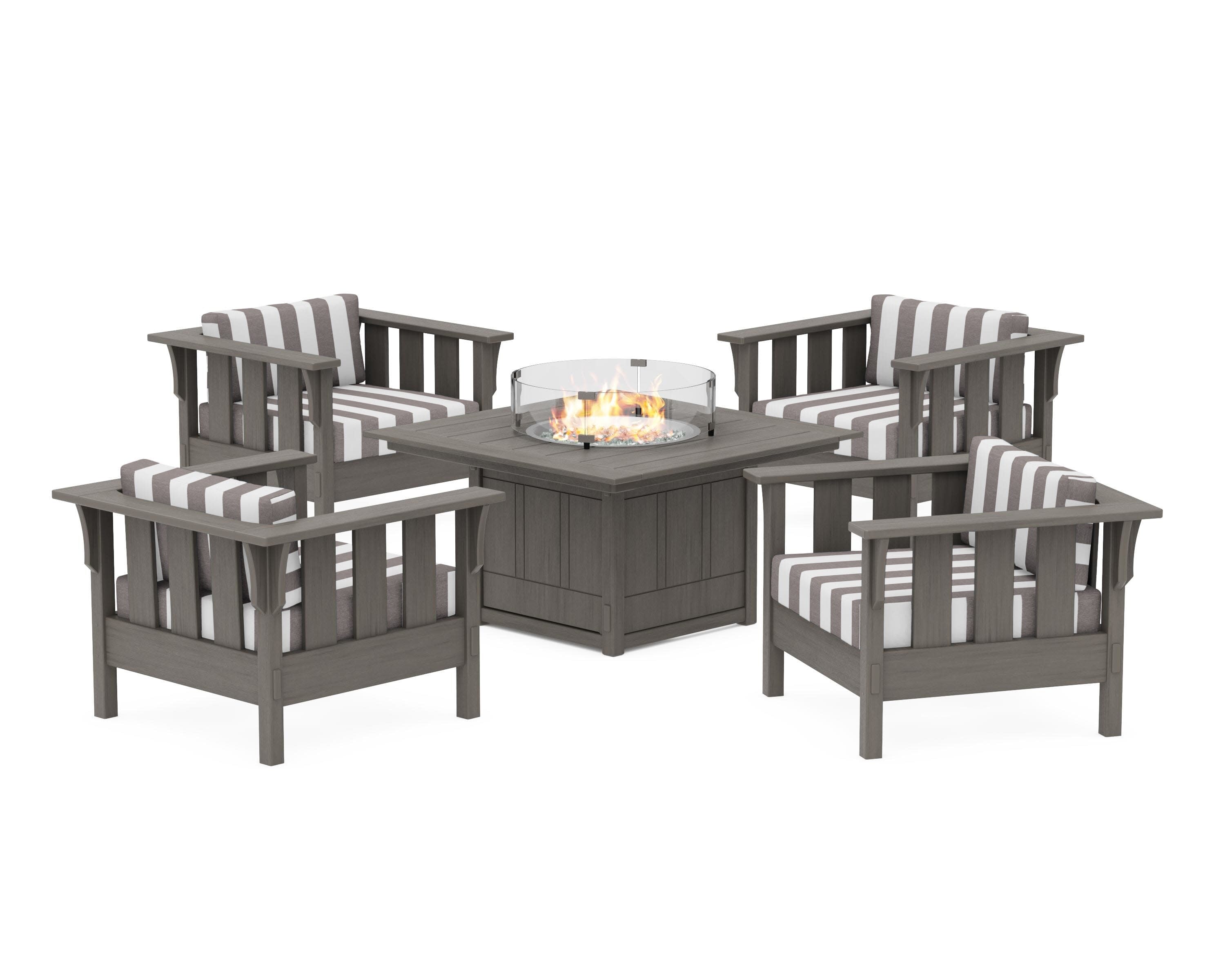 Acadia 5-Piece Deep Seating Set with Fire Pit Table in Driftwood / Cabana Stripe Grey Mist
