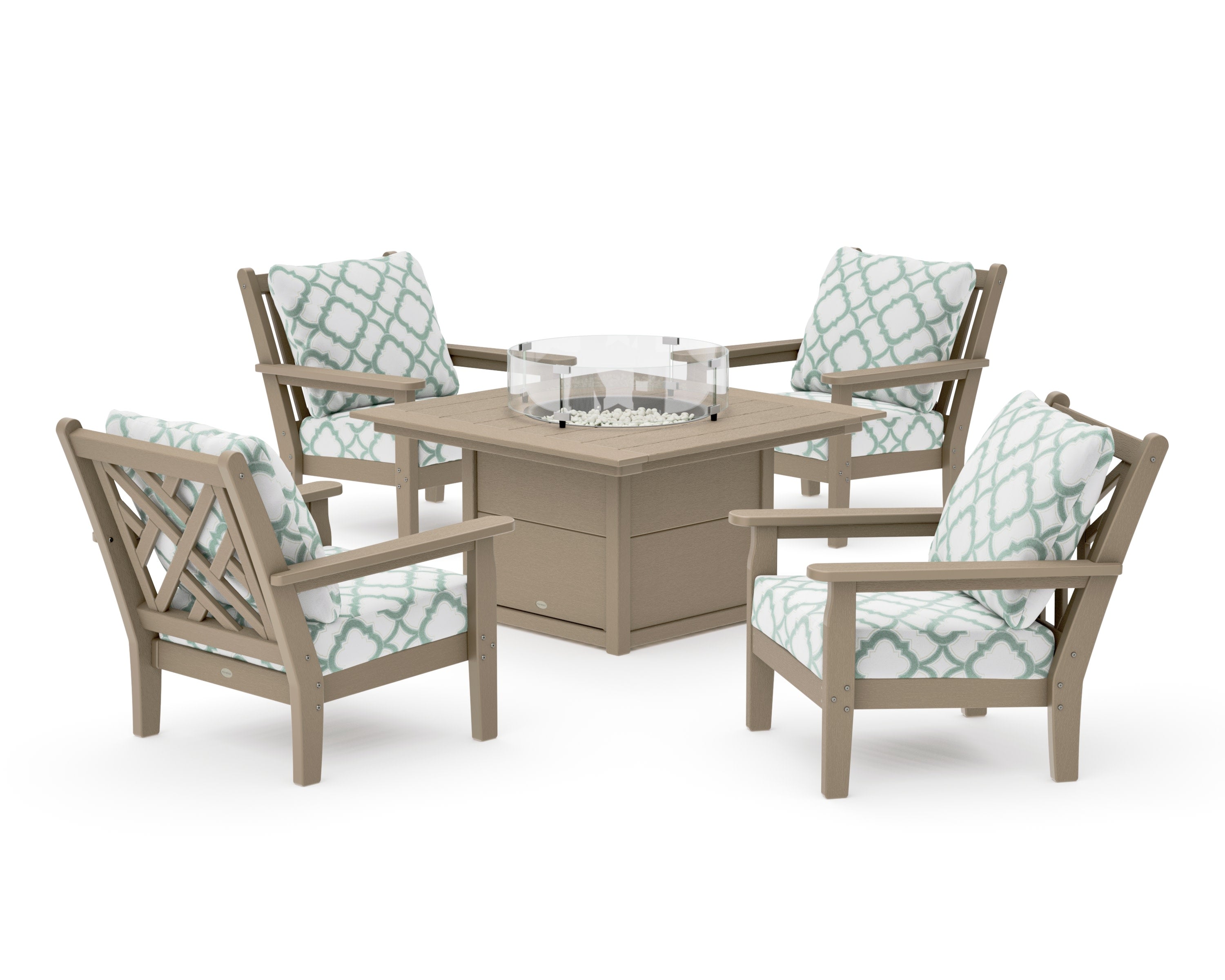 Chippendale 5-Piece Deep Seating Set with Fire Pit Table in Vintage Sahara / Trellis Glacier Spa