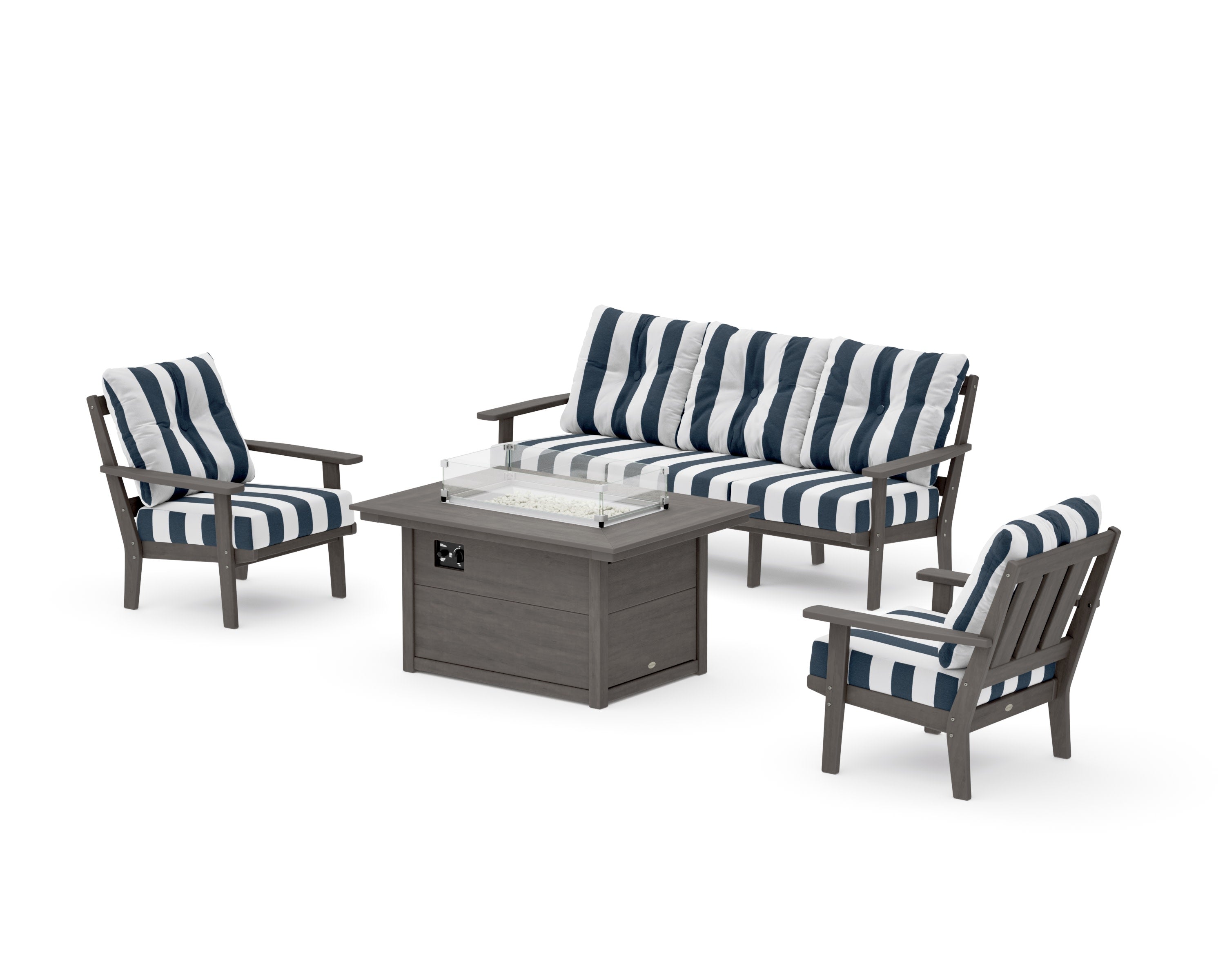 Oxford Deep Seating Fire Pit Table Set in Driftwood / Cabana Stripe Marine Indigo