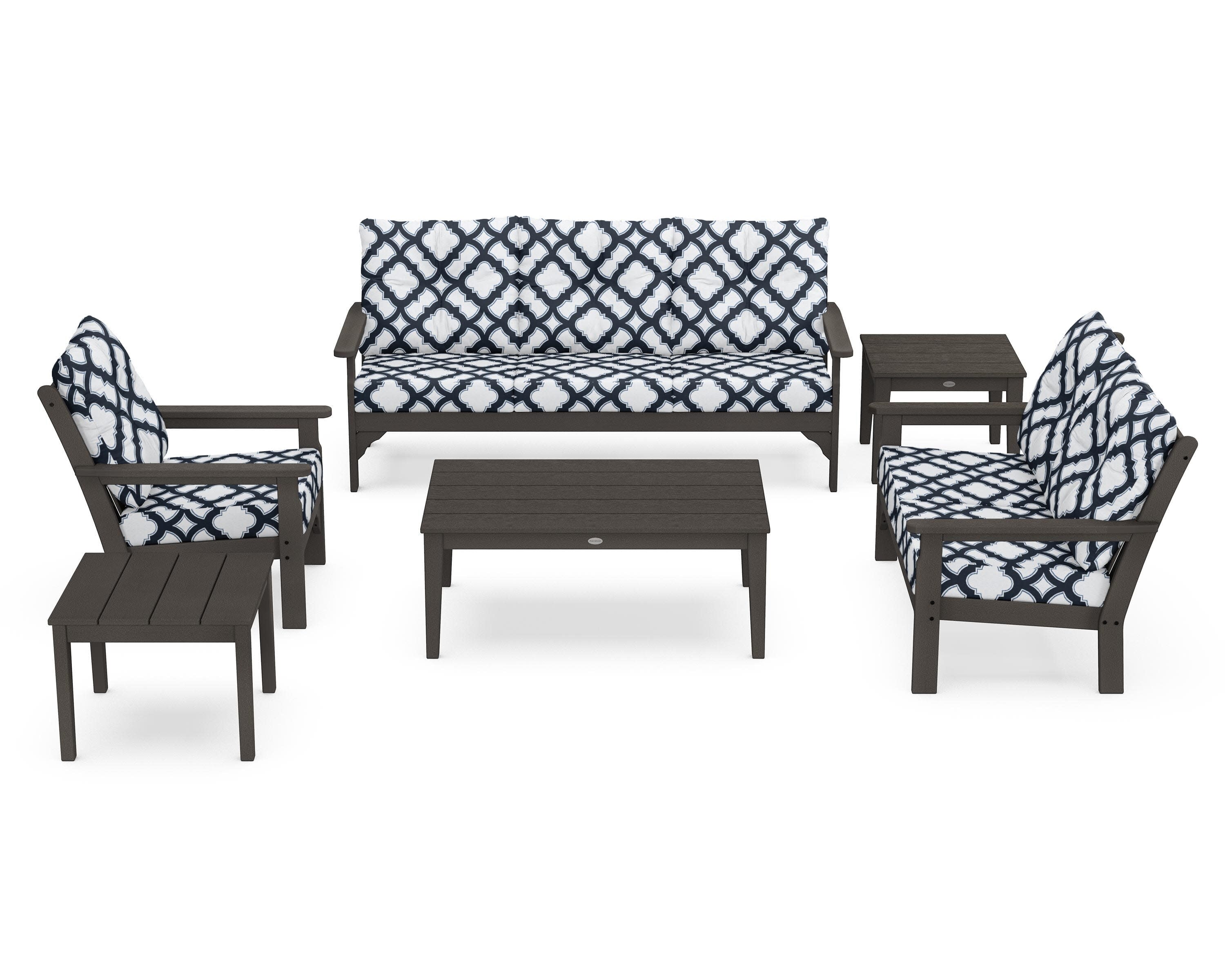 Vineyard 6-Piece Deep Seating Set in Vintage Coffee / Trellis Marine Indigo