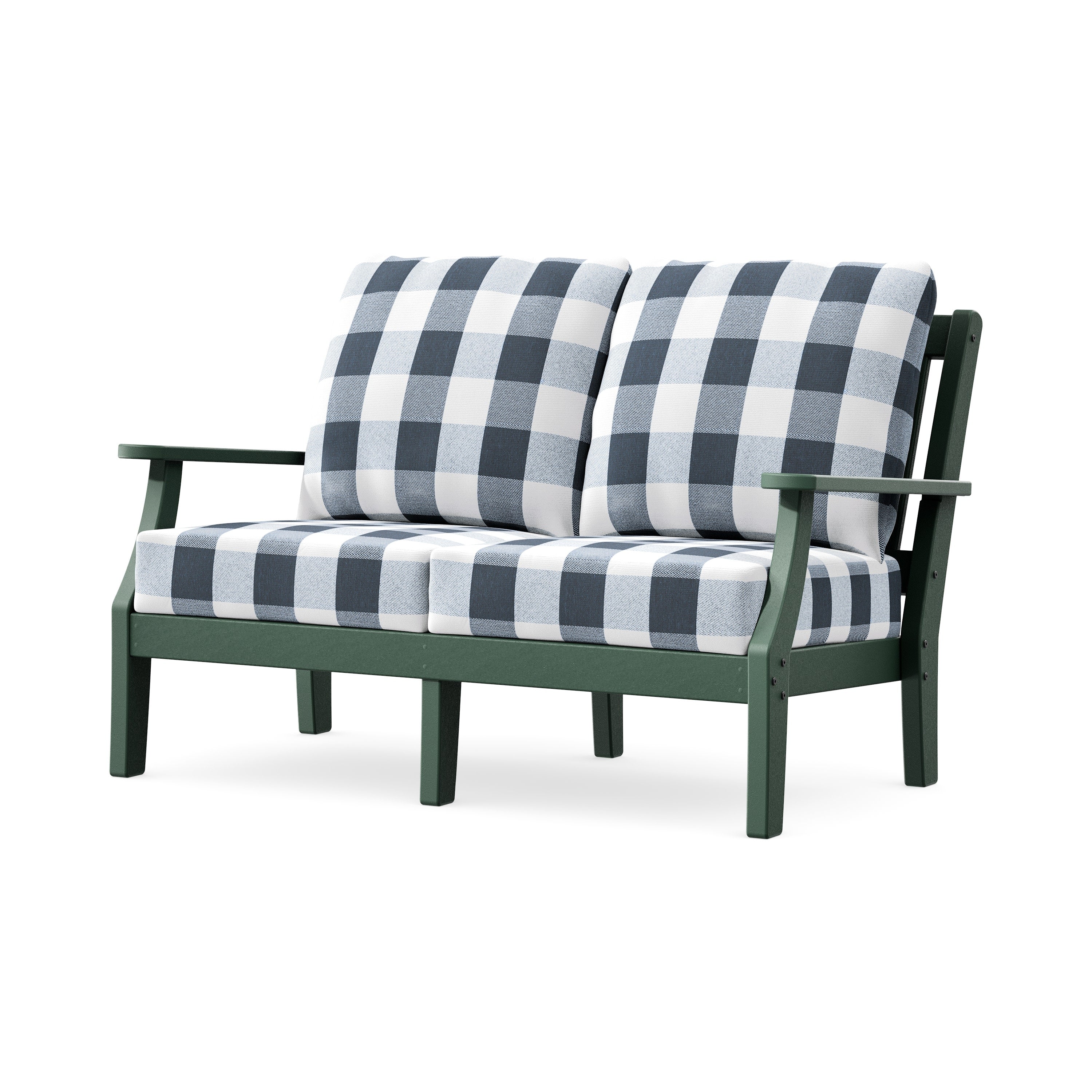 Chinoiserie Deep Seating Loveseat in Green / Buffalo Plaid Marine Indigo