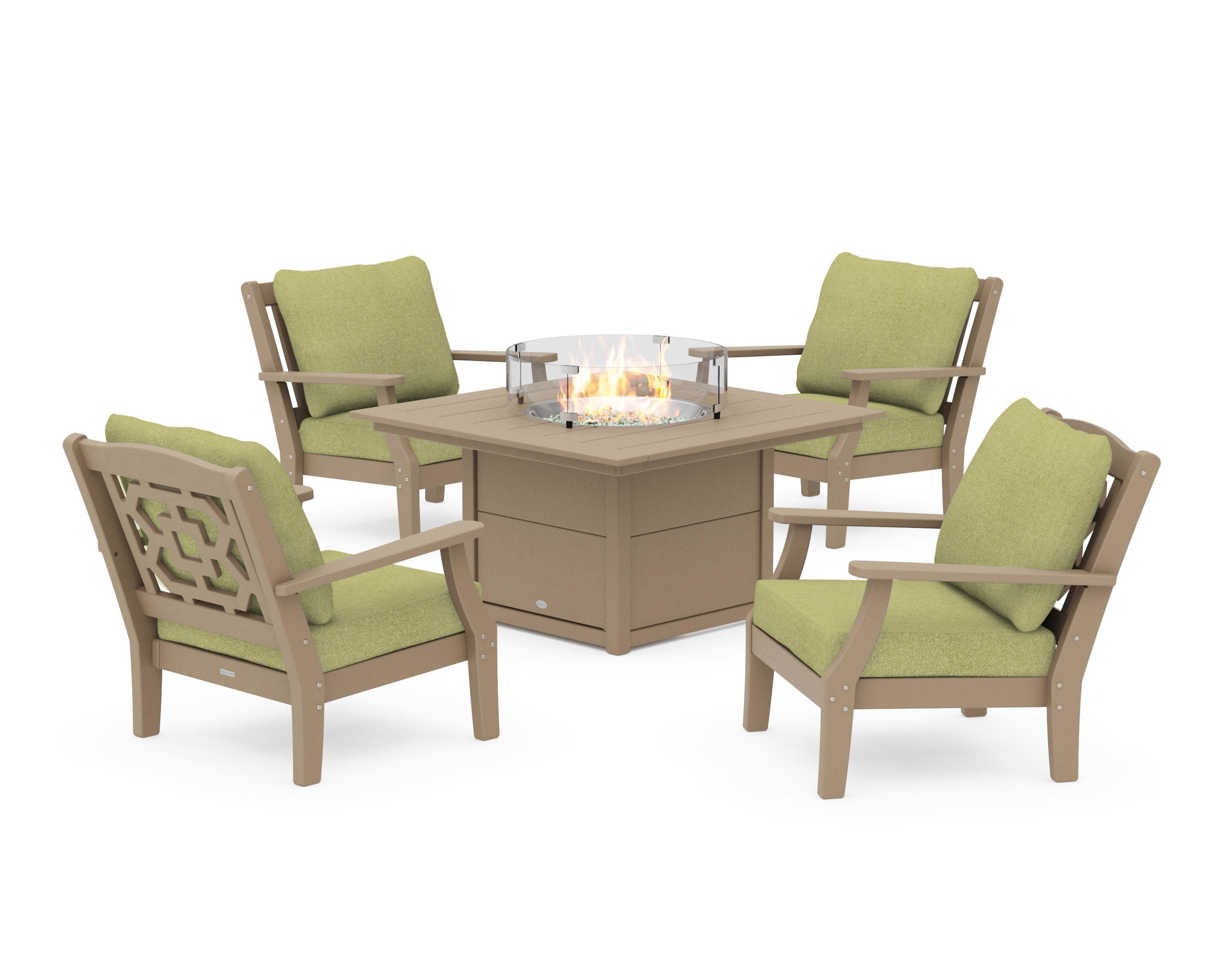 Chinoiserie 5-Piece Deep Seating Set with Fire Pit Table in Vintage Sahara / Chartreuse Boucle