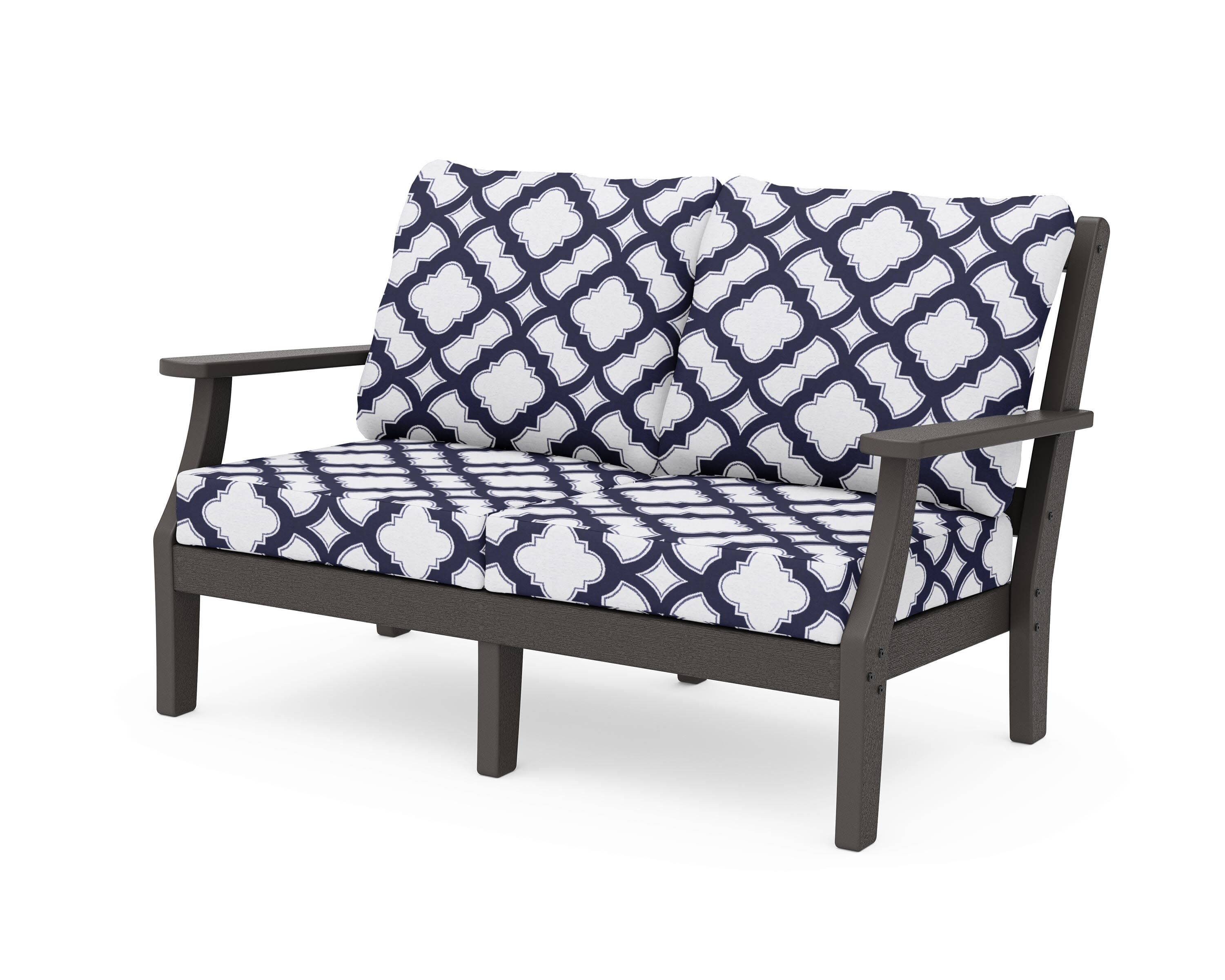 Chinoiserie Deep Seating Loveseat in Vintage Coffee / Trellis Navy