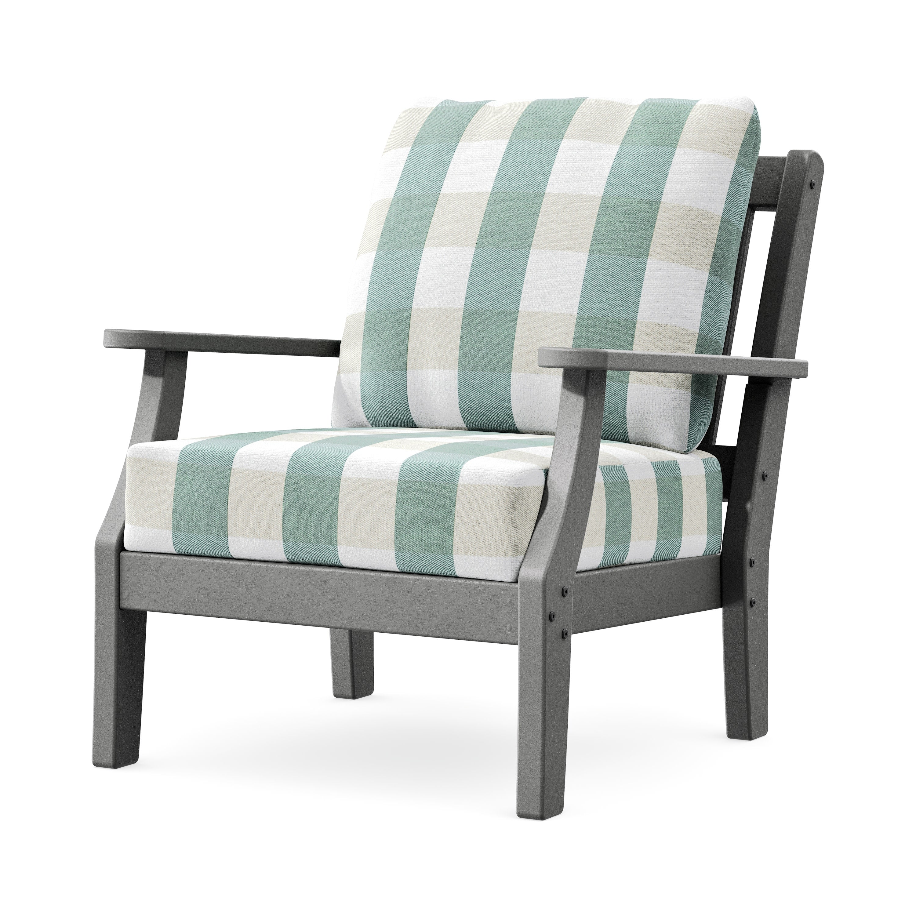 Chinoiserie Deep Seating Chair in Slate Grey / Buffalo Plaid Glacier Spa