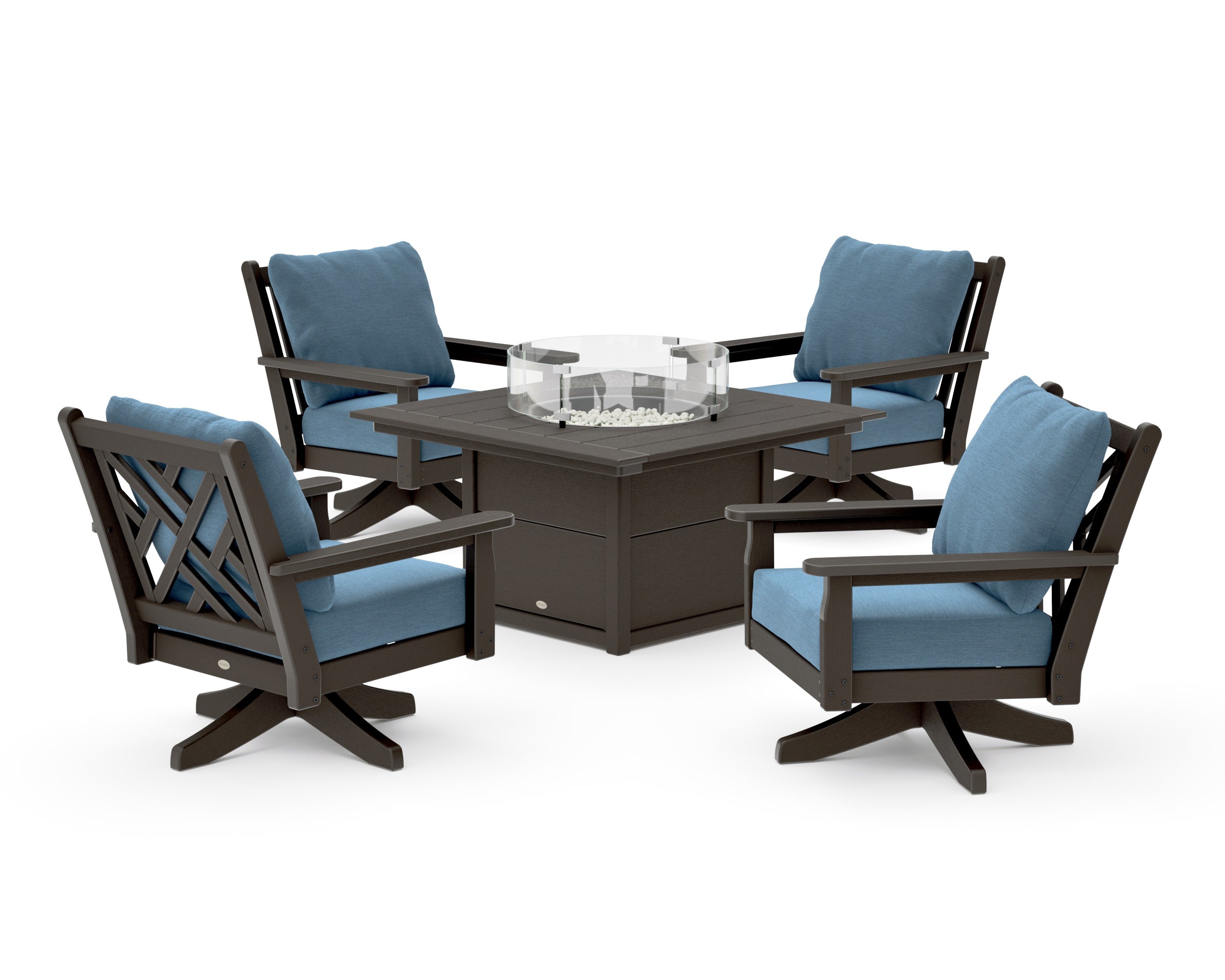 Chippendale 5-Piece Deep Seating Swivel Conversation Set with Fire Pit Table in Vintage Coffee / Sky Blue