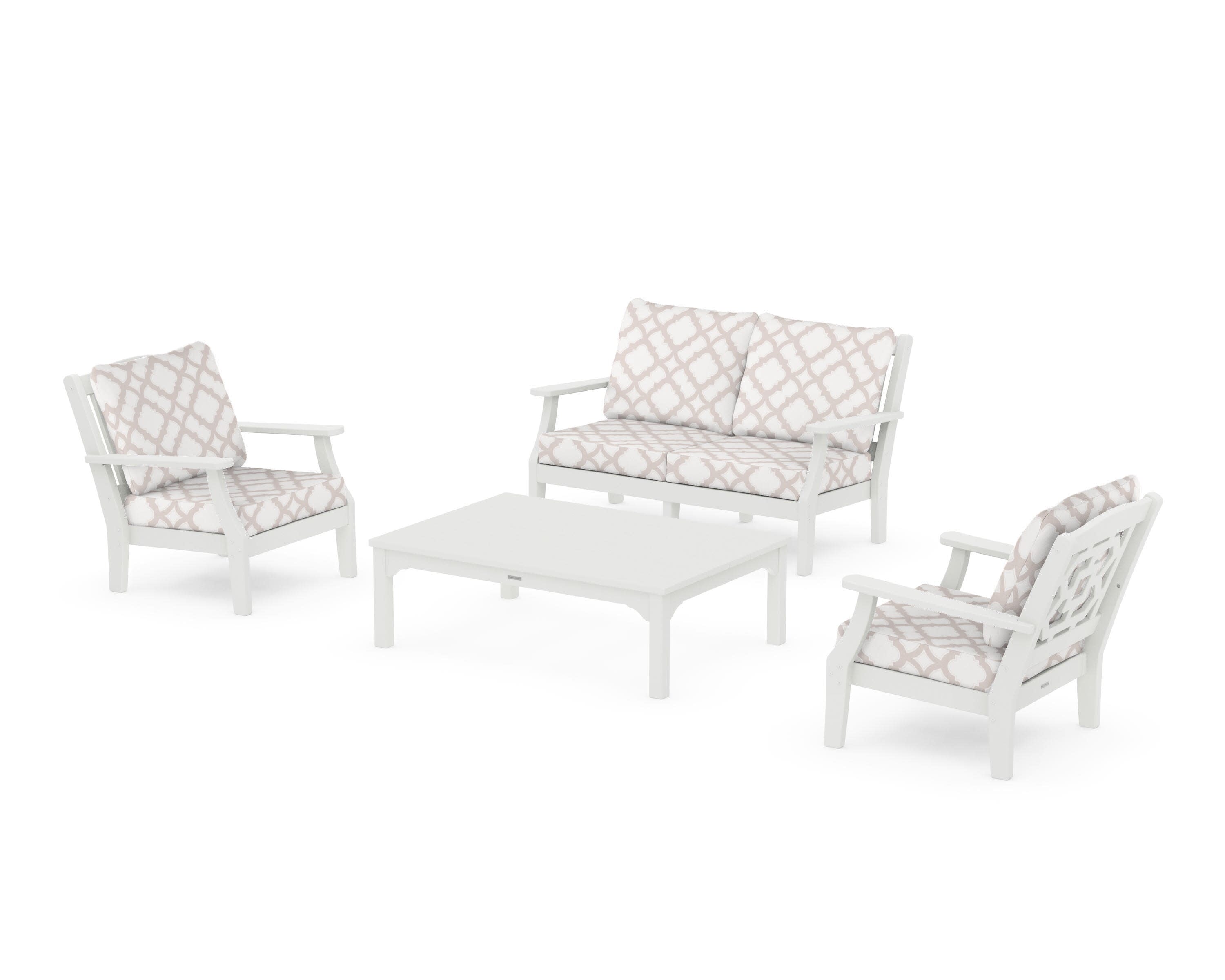 Chinoiserie 4-Piece Deep Seating Set with Loveseat in Vintage White / Trellis Dune Burlap
