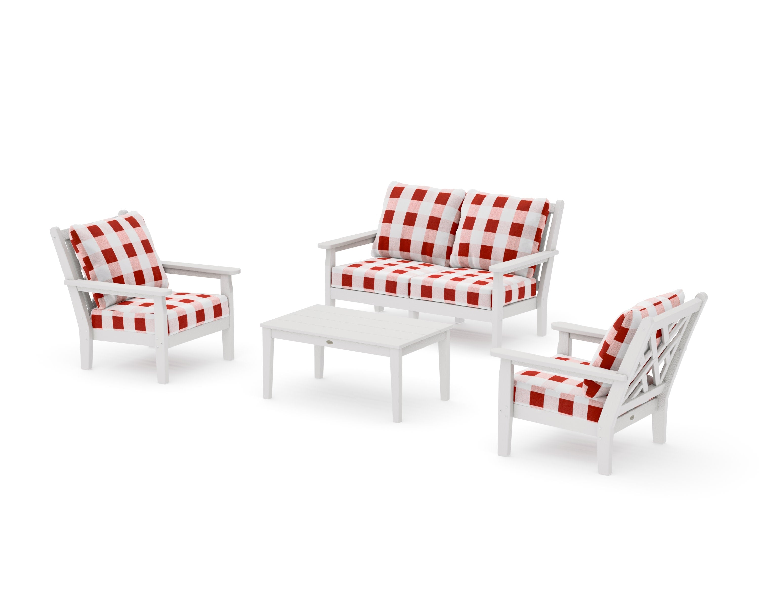 Chippendale 4-Piece Deep Seating Set with Loveseat in Vintage White / Buffalo Plaid Crimson