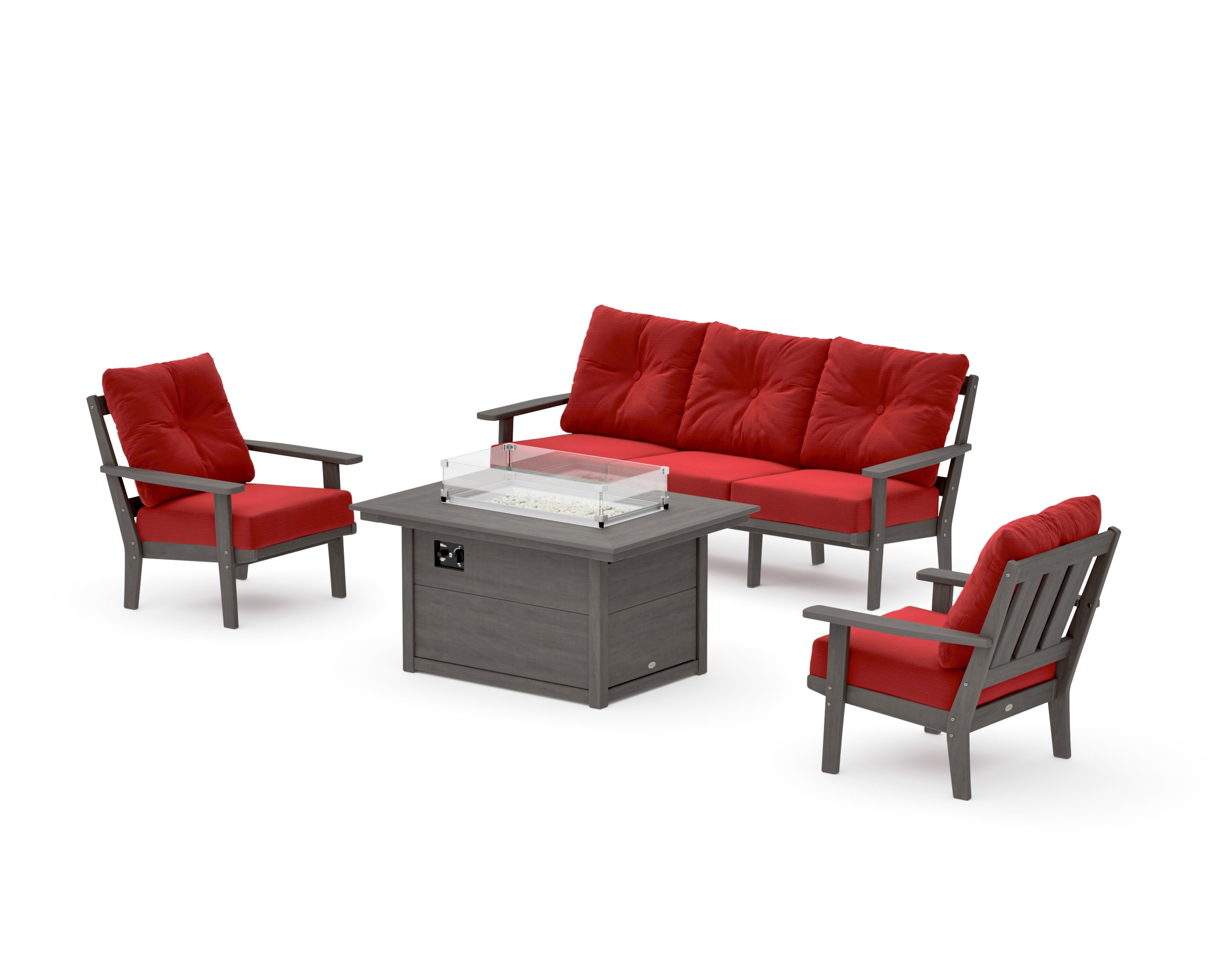 Oxford Deep Seating Fire Pit Table Set in Driftwood / Crimson Linen