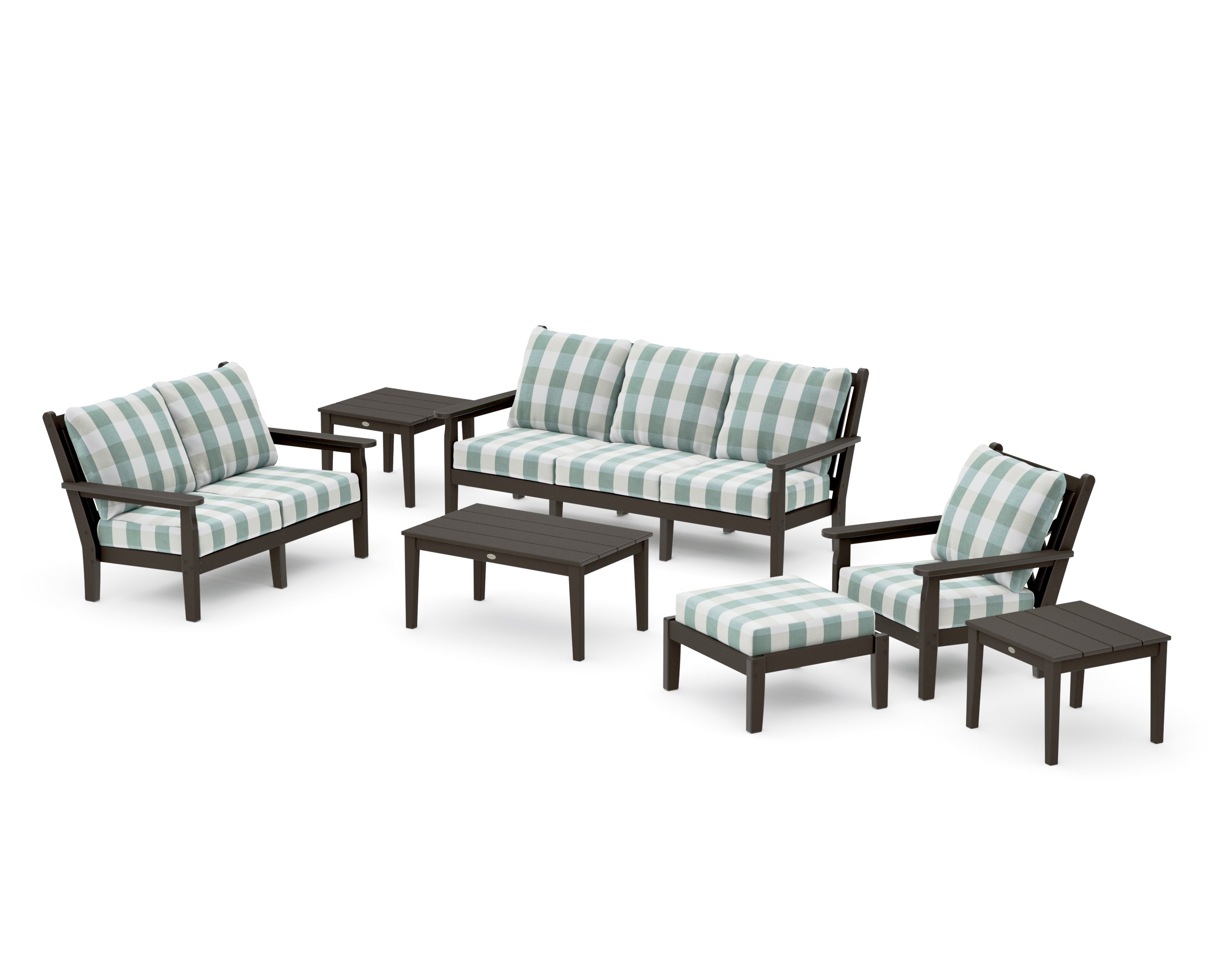 Chippendale 7-Piece Deep Seating Set in Vintage Coffee / Buffalo Plaid Glacier Spa