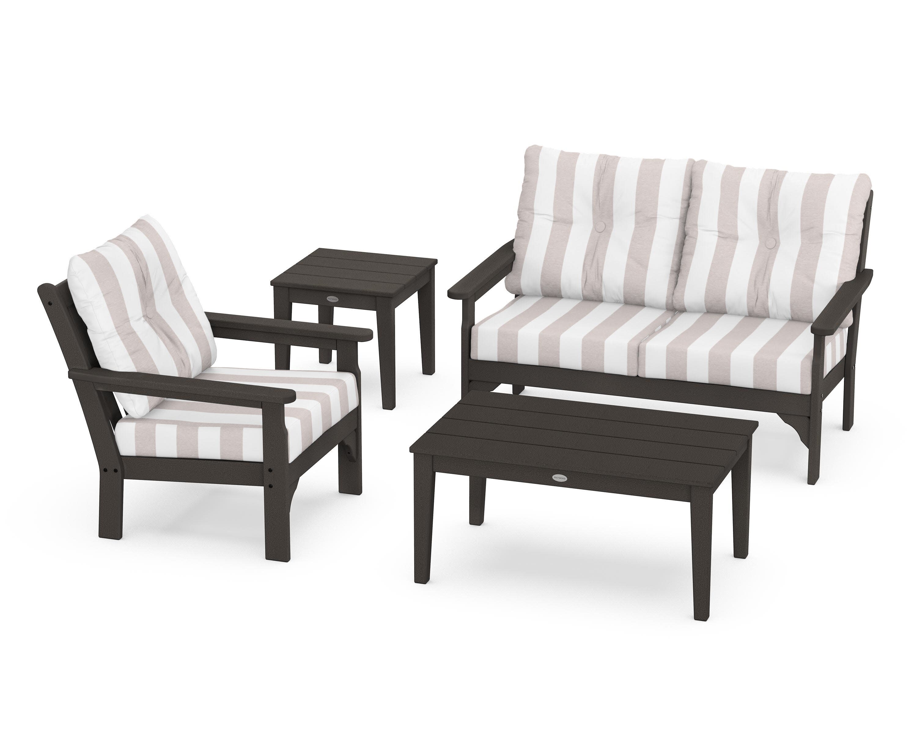 Vineyard 4-Piece Deep Seating Set in Vintage Coffee / Cabana Stripe Dune Burlap